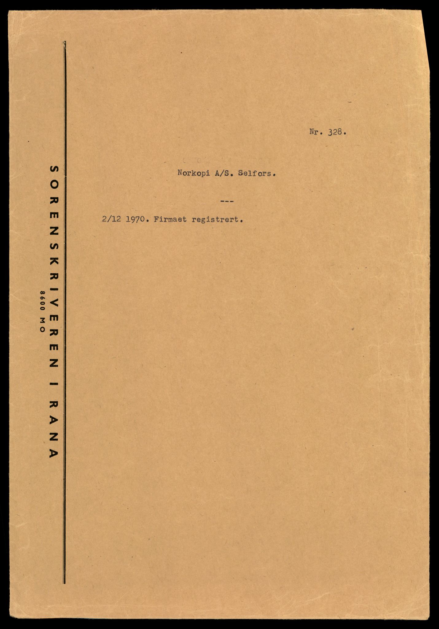 Rana sorenskriveri , SAT/A-1108/2/J/Jd/Jda/L0006: Bilag. Aksjeselskap løpenr. 328 - 414, 1930-1972, p. 1