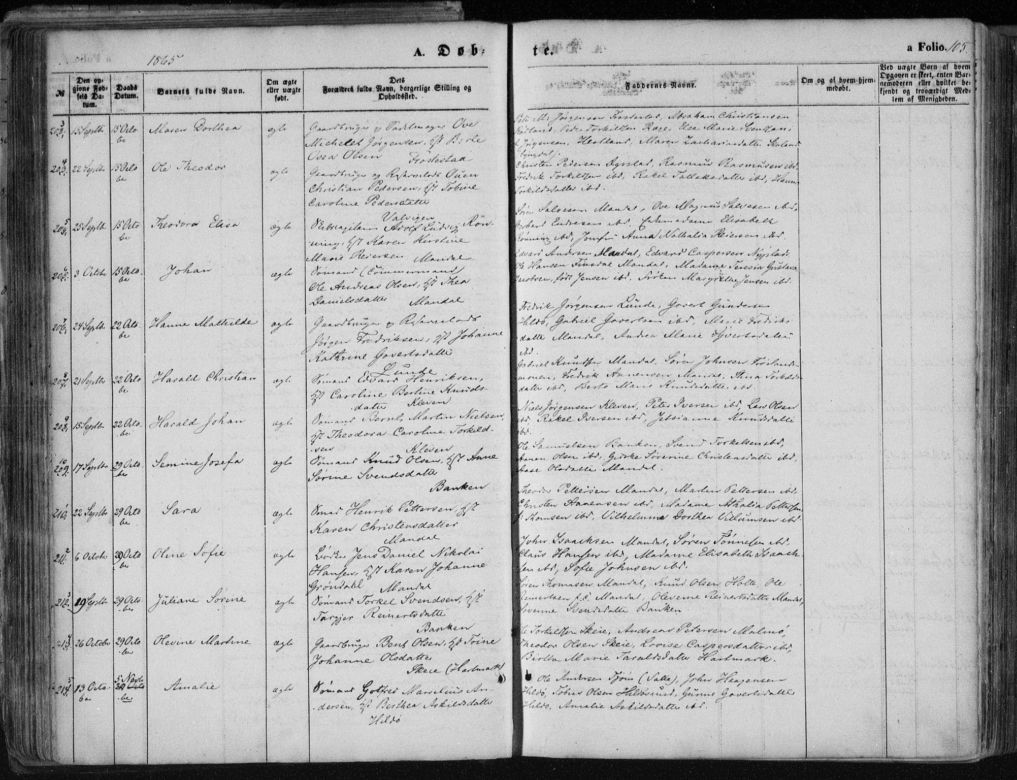 Mandal sokneprestkontor, SAK/1111-0030/F/Fa/Faa/L0014: Parish register (official) no. A 14, 1859-1872, p. 105