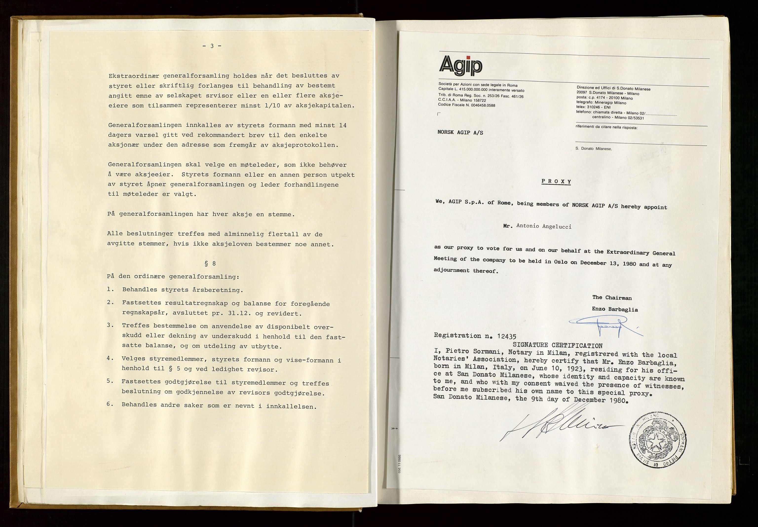 Pa 1583 - Norsk Agip AS, AV/SAST-A-102138/A/Aa/L0001: General assembly and Board of Directors meeting minutes, 1965-1990