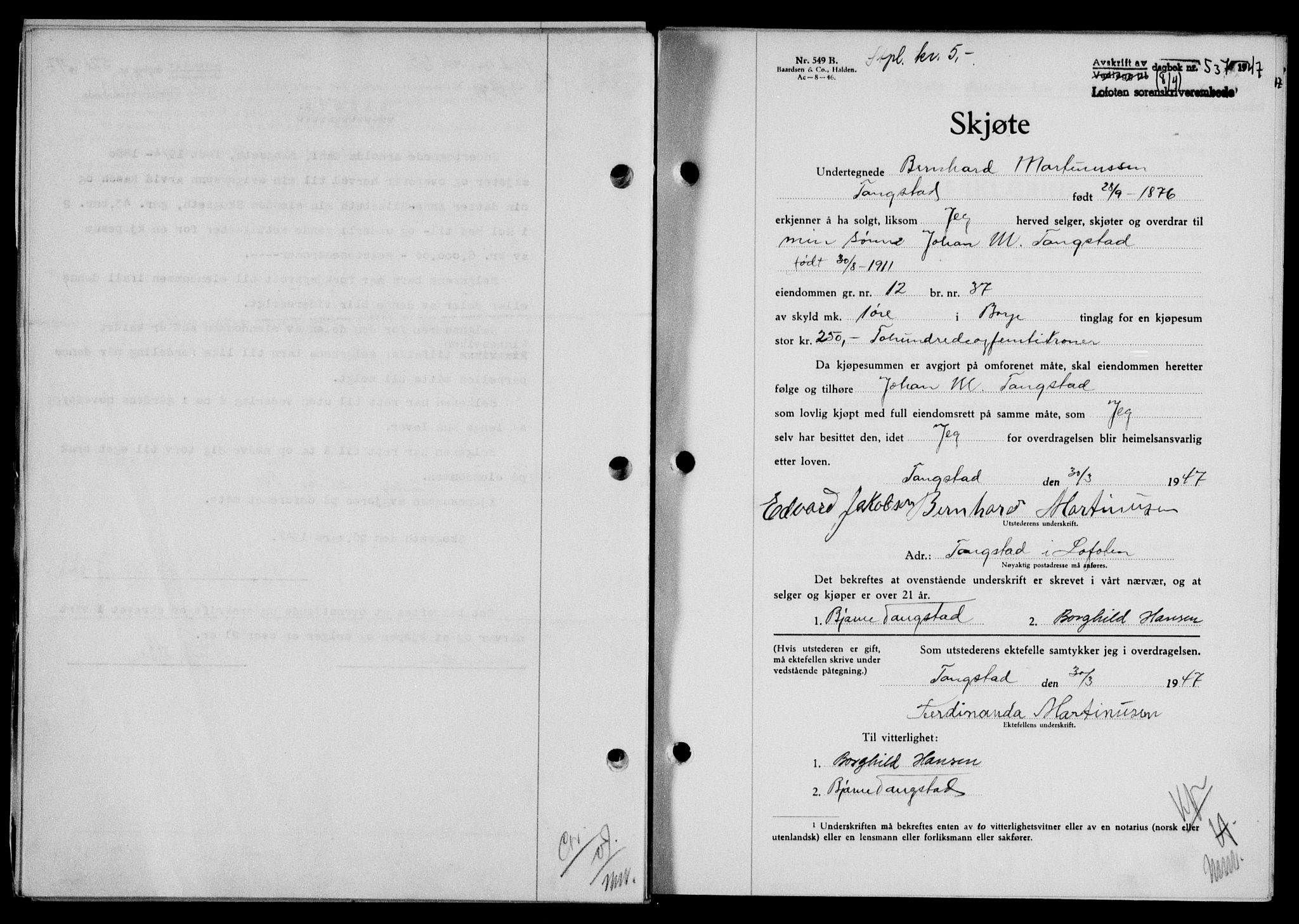 Lofoten sorenskriveri, SAT/A-0017/1/2/2C/L0015a: Mortgage book no. 15a, 1946-1947, Diary no: : 537/1947
