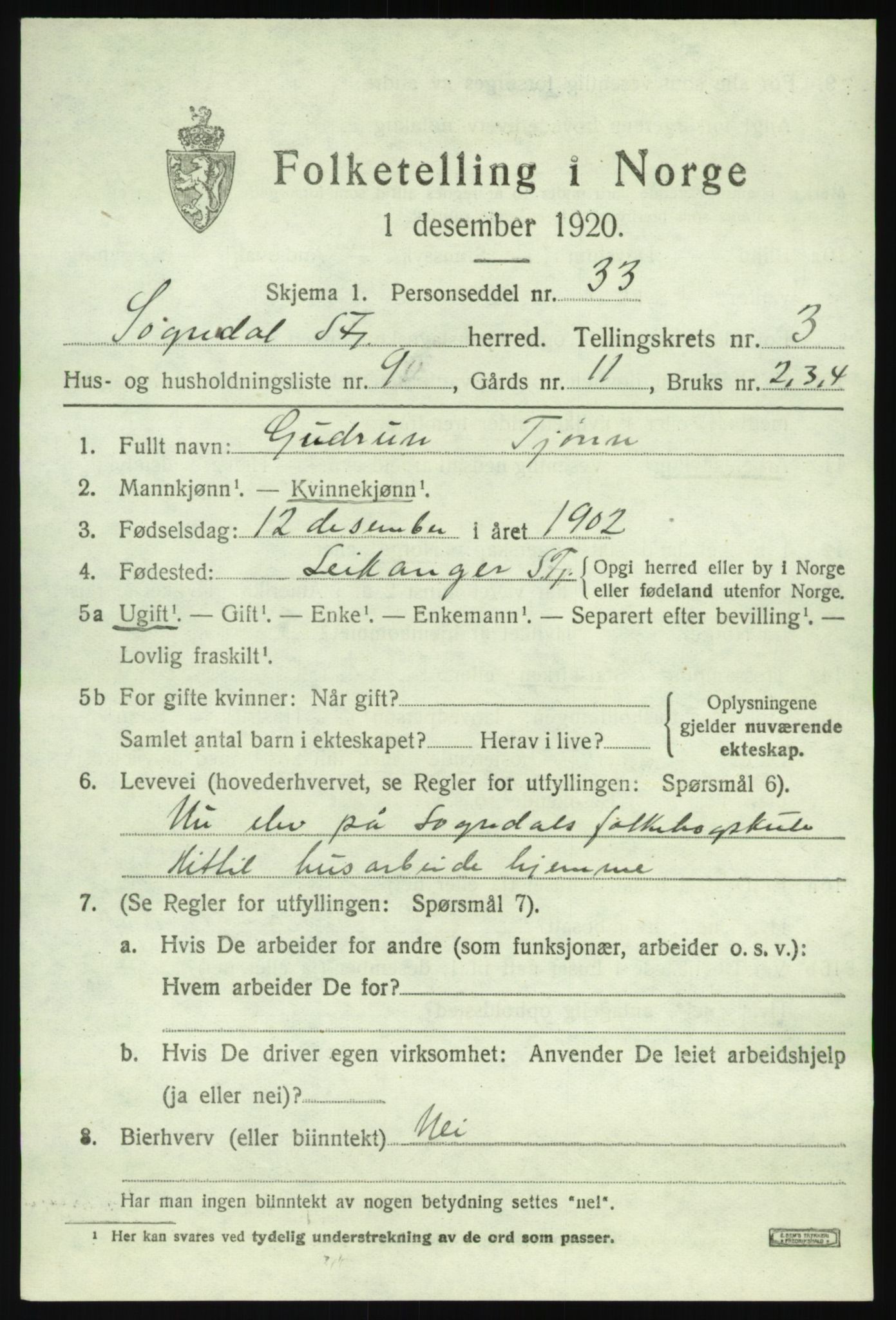 SAB, 1920 census for Sogndal, 1920, p. 2265