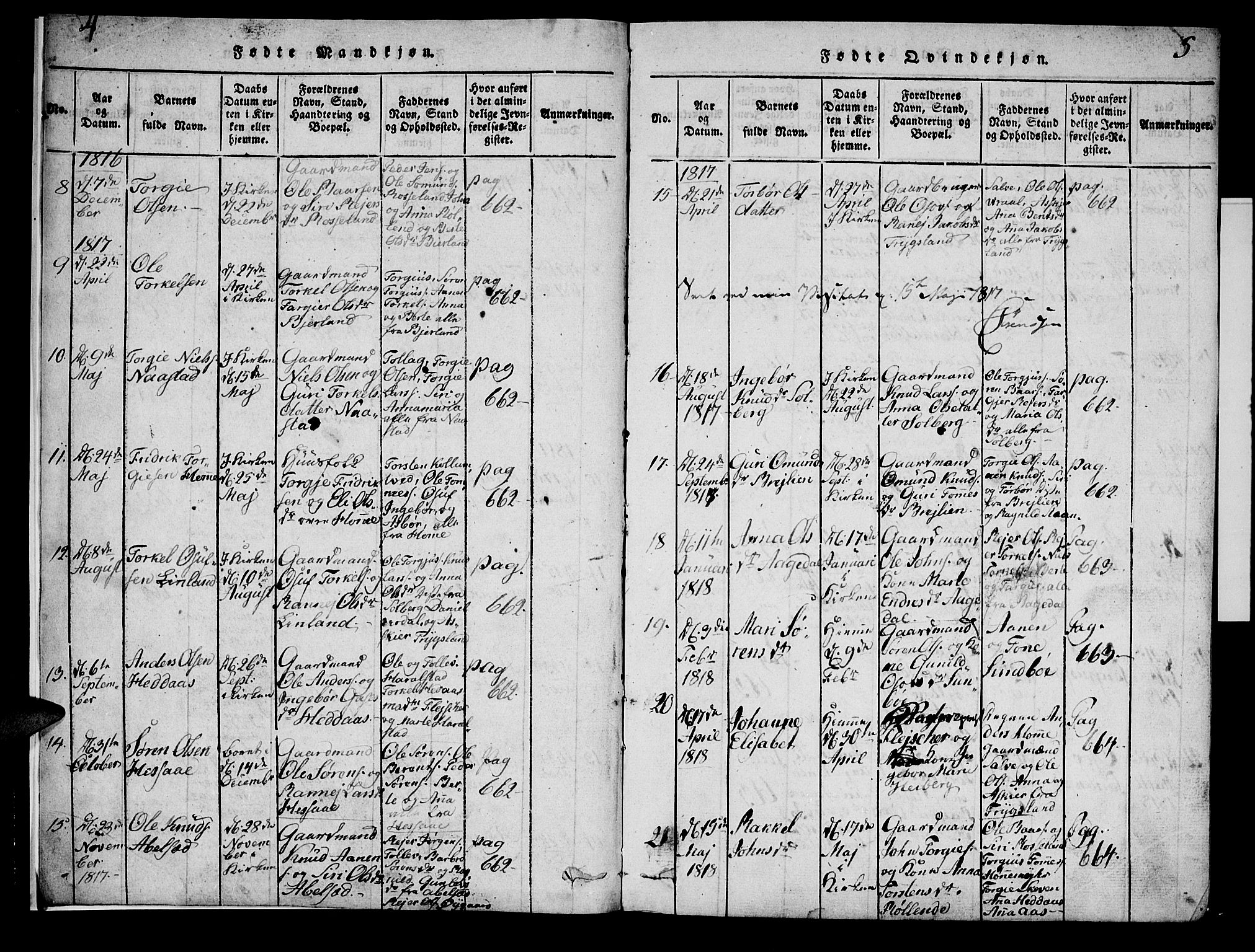 Bjelland sokneprestkontor, SAK/1111-0005/F/Fa/Faa/L0002: Parish register (official) no. A 2, 1816-1866, p. 4-5