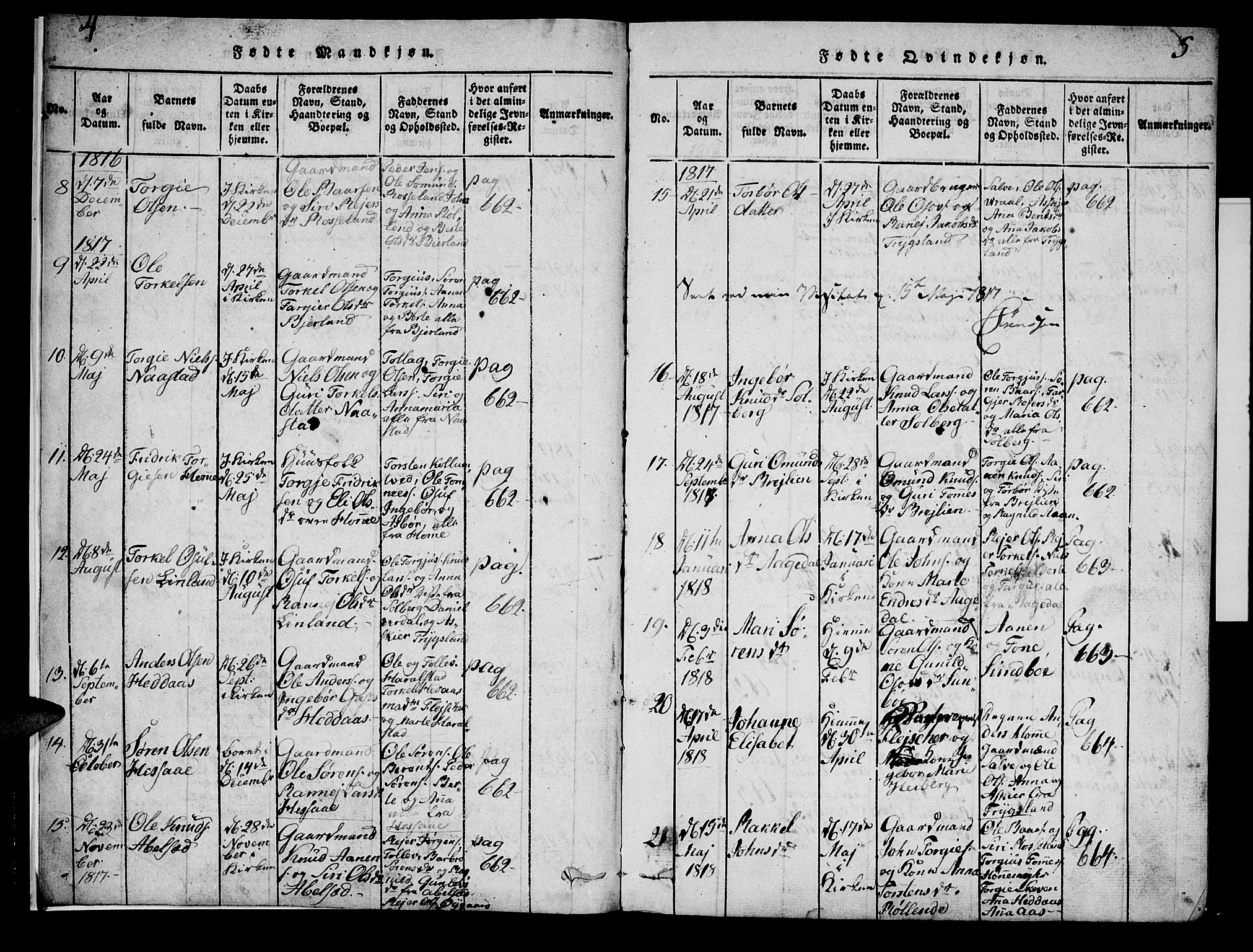 Bjelland sokneprestkontor, AV/SAK-1111-0005/F/Fa/Faa/L0002: Parish register (official) no. A 2, 1816-1866, p. 4-5