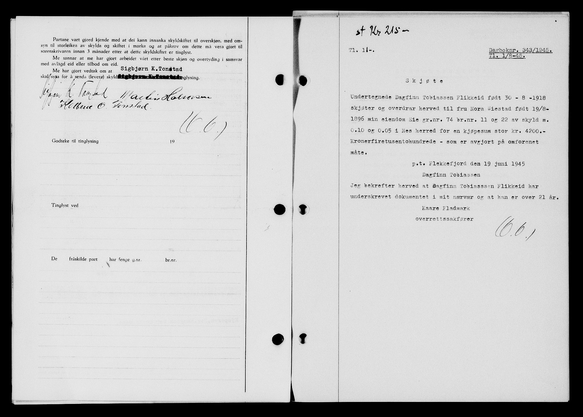 Flekkefjord sorenskriveri, SAK/1221-0001/G/Gb/Gba/L0059: Mortgage book no. A-7, 1944-1945, Diary no: : 343/1945