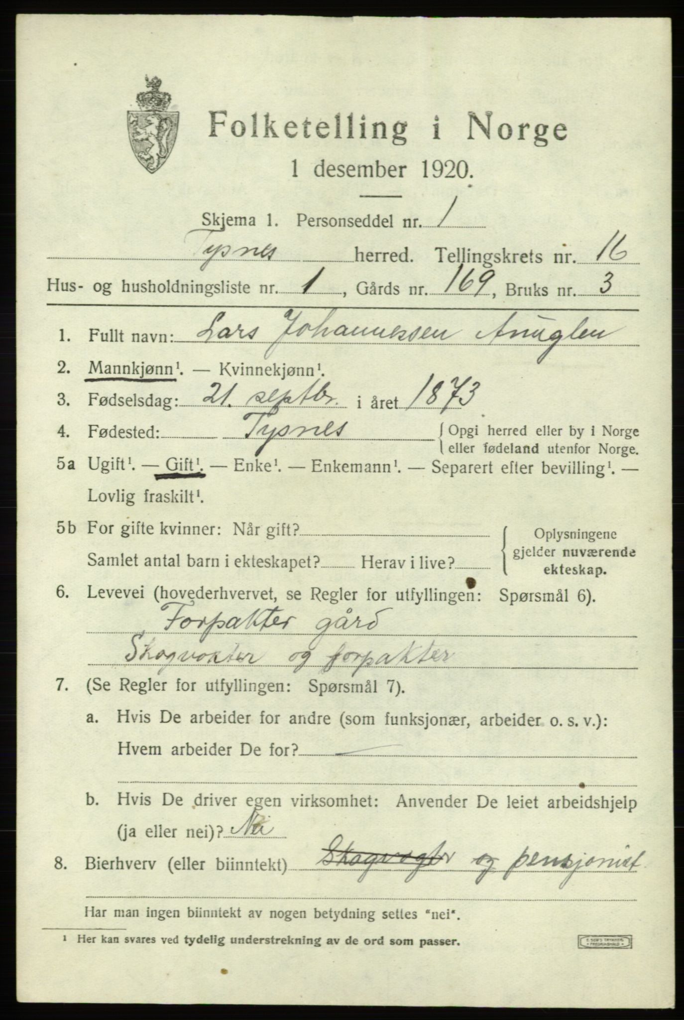 SAB, 1920 census for Tysnes, 1920, p. 10122