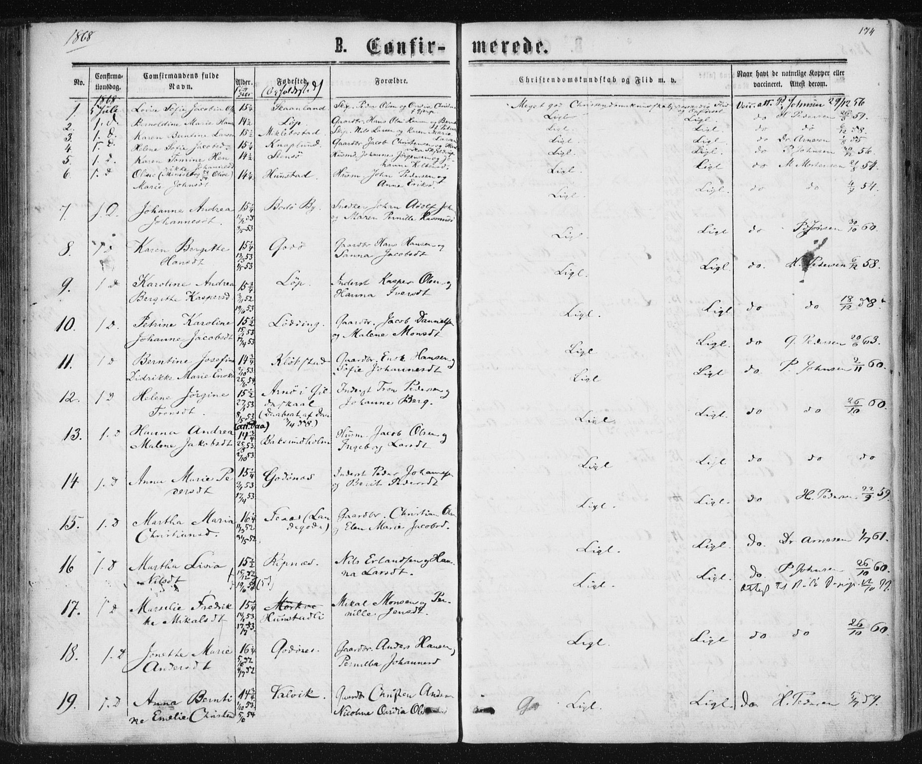 Ministerialprotokoller, klokkerbøker og fødselsregistre - Nordland, SAT/A-1459/801/L0008: Parish register (official) no. 801A08, 1864-1875, p. 174