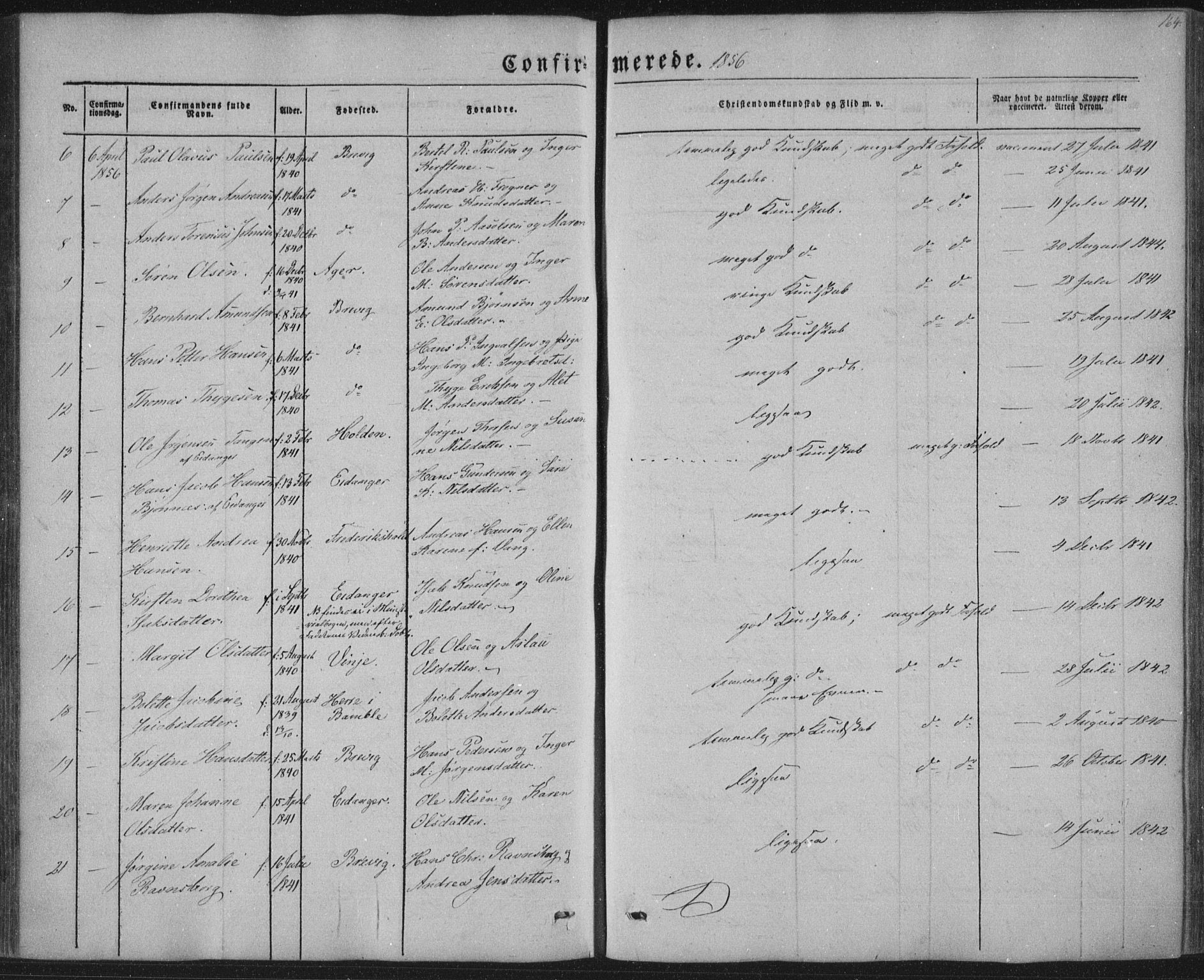 Brevik kirkebøker, AV/SAKO-A-255/F/Fa/L0005: Parish register (official) no. 5, 1847-1865, p. 164