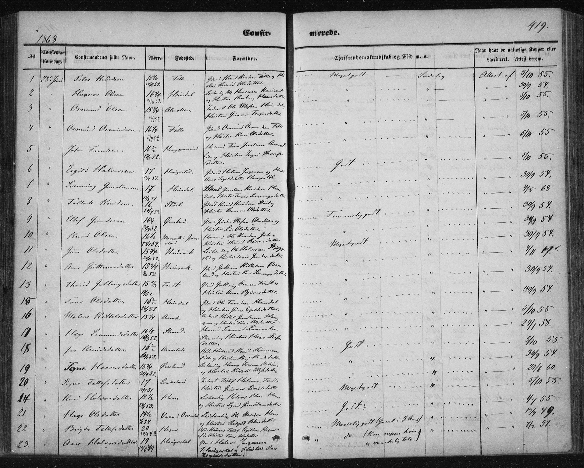 Nissedal kirkebøker, SAKO/A-288/F/Fa/L0003: Parish register (official) no. I 3, 1846-1870, p. 418-419