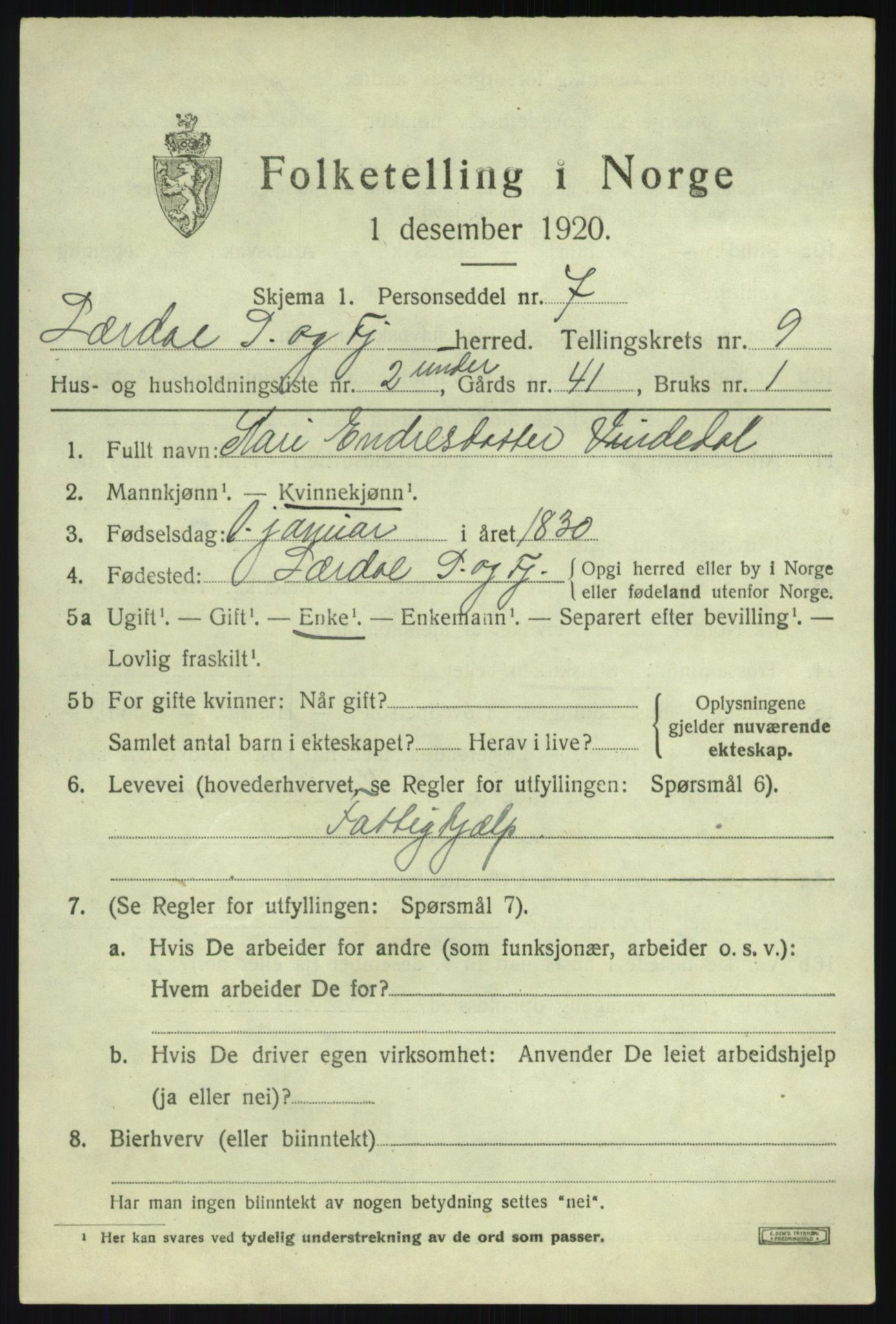 SAB, 1920 census for Lærdal, 1920, p. 4290