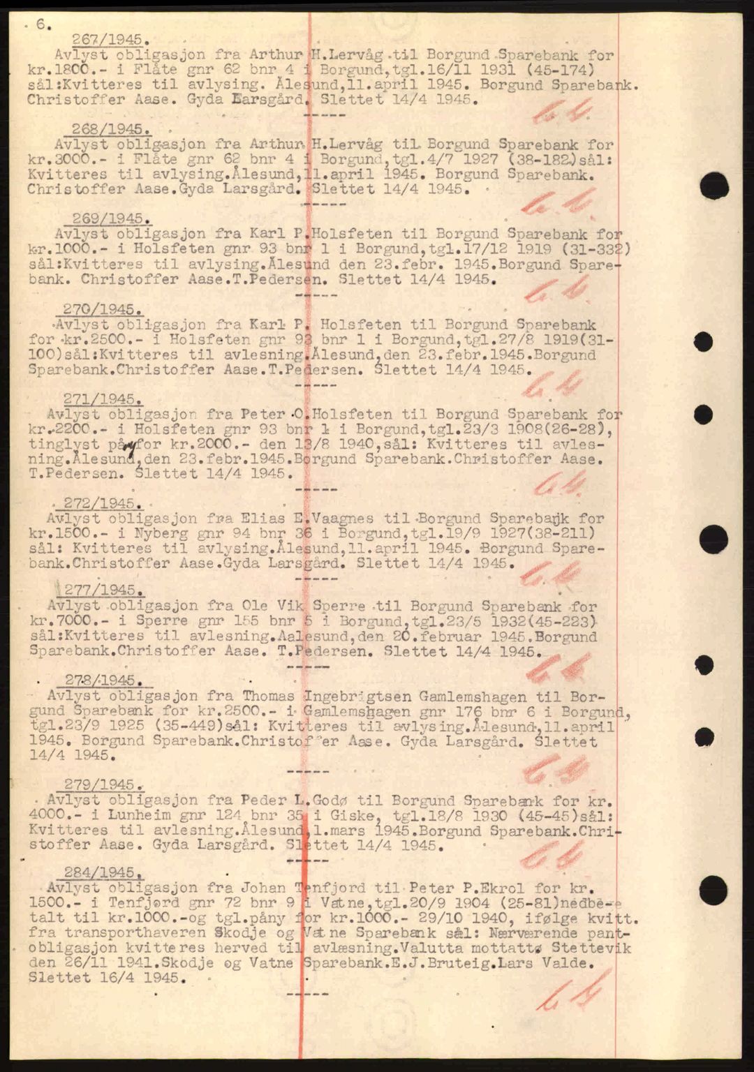 Nordre Sunnmøre sorenskriveri, SAT/A-0006/1/2/2C/2Ca: Mortgage book no. B6-14 a, 1942-1945, Diary no: : 267/1945