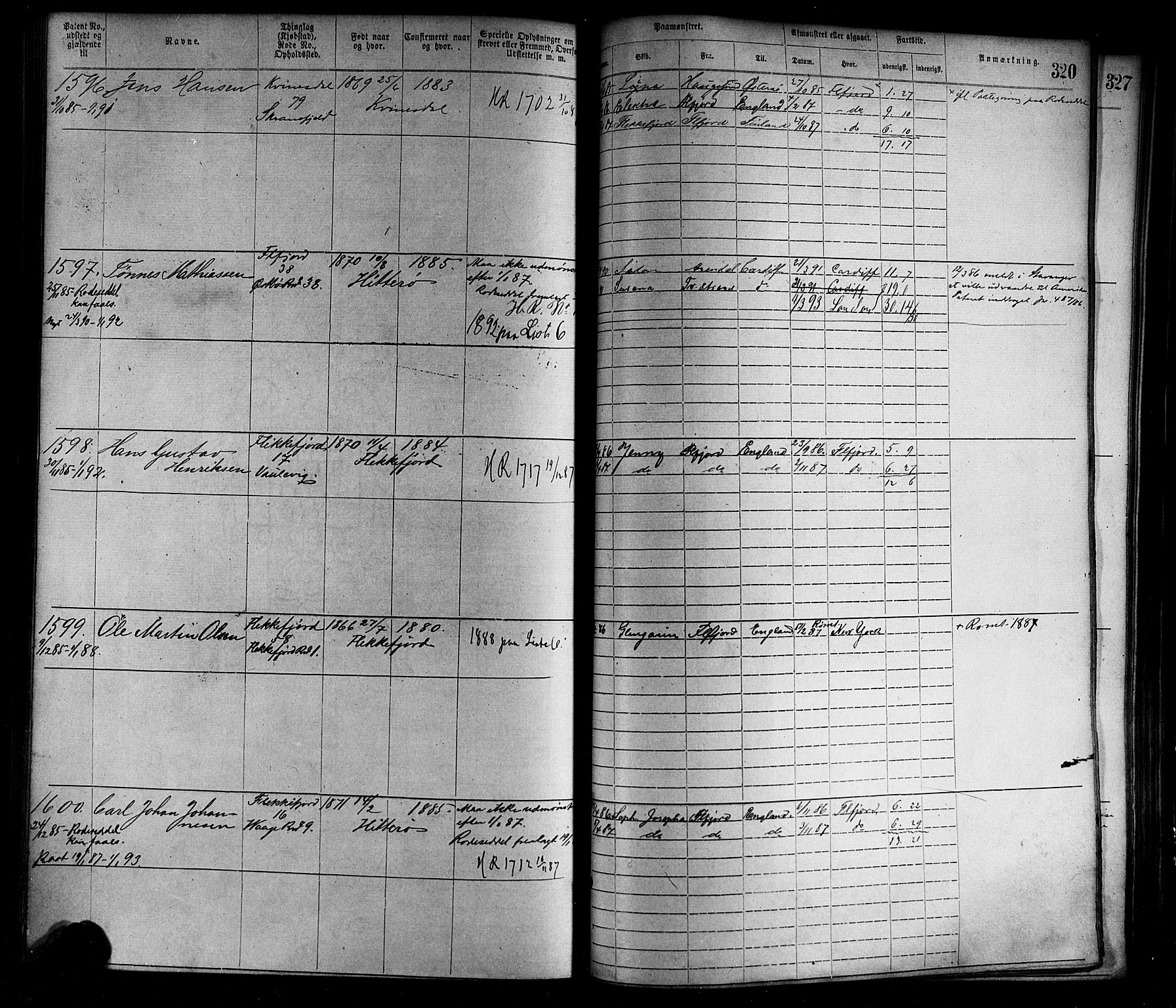 Flekkefjord mønstringskrets, AV/SAK-2031-0018/F/Fa/L0002: Annotasjonsrulle nr 1-1920 med register, N-2, 1870-1891, p. 353