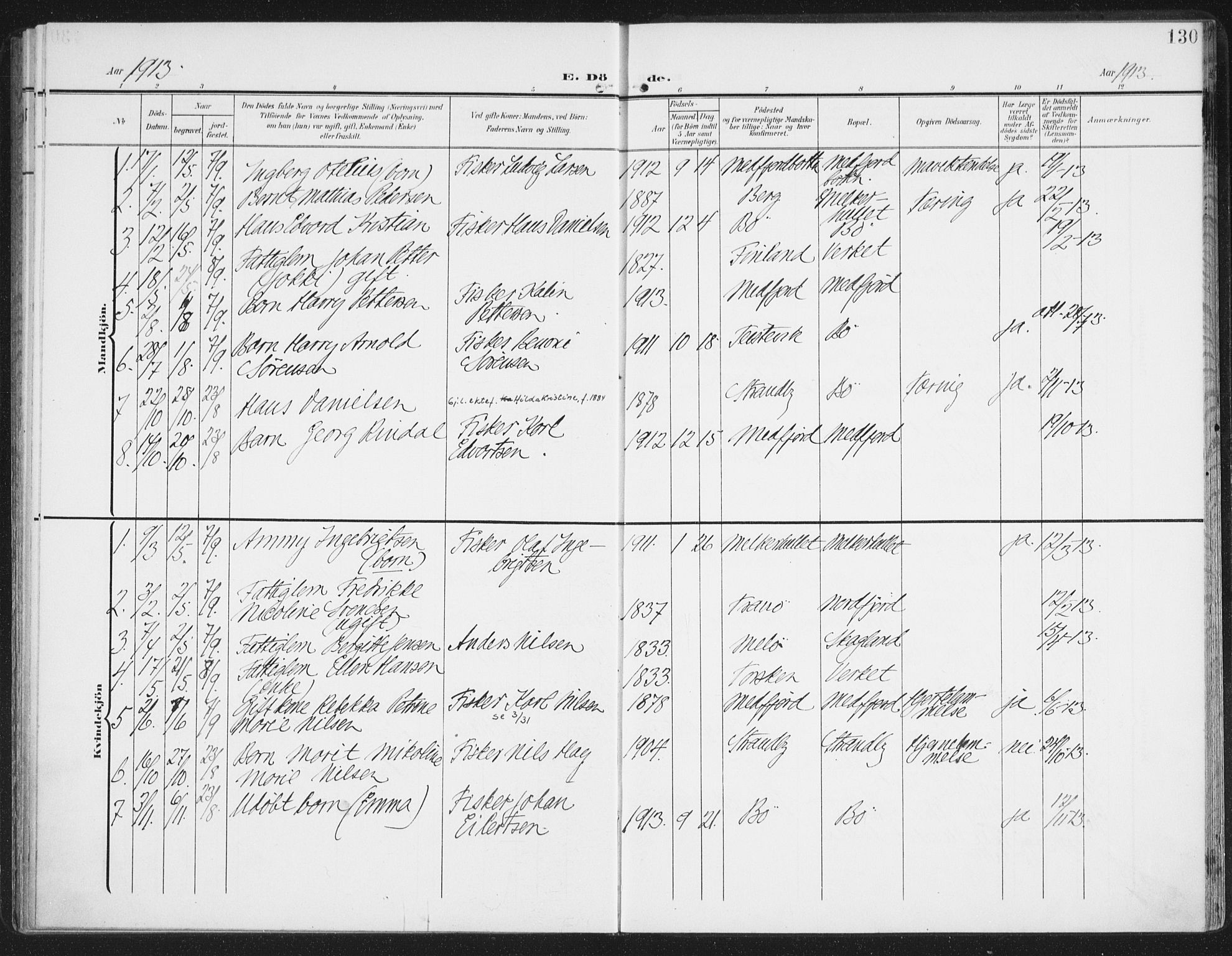 Berg sokneprestkontor, AV/SATØ-S-1318/G/Ga/Gaa/L0007kirke: Parish register (official) no. 7, 1906-1915, p. 130