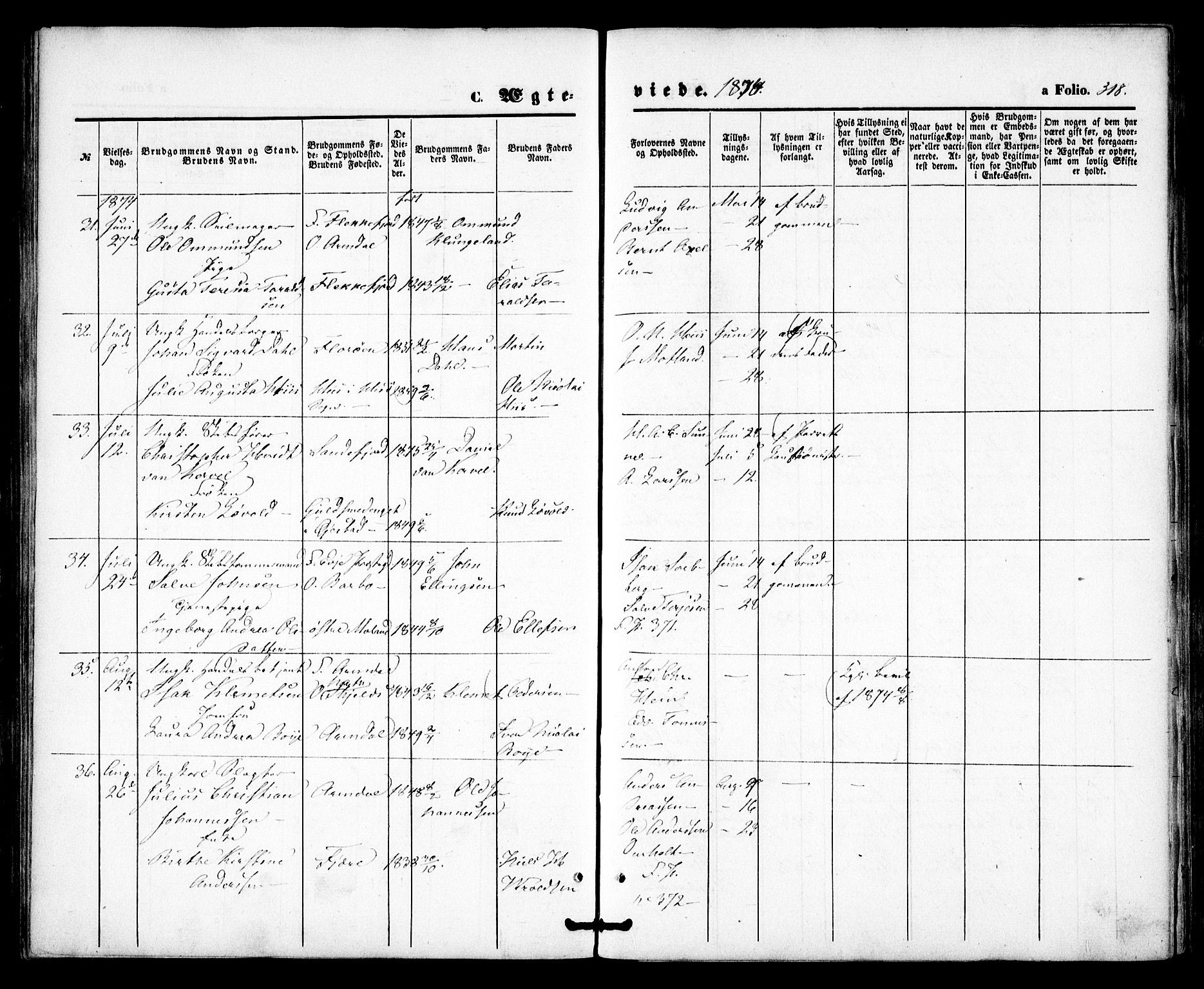 Arendal sokneprestkontor, Trefoldighet, AV/SAK-1111-0040/F/Fa/L0007: Parish register (official) no. A 7, 1868-1878, p. 318