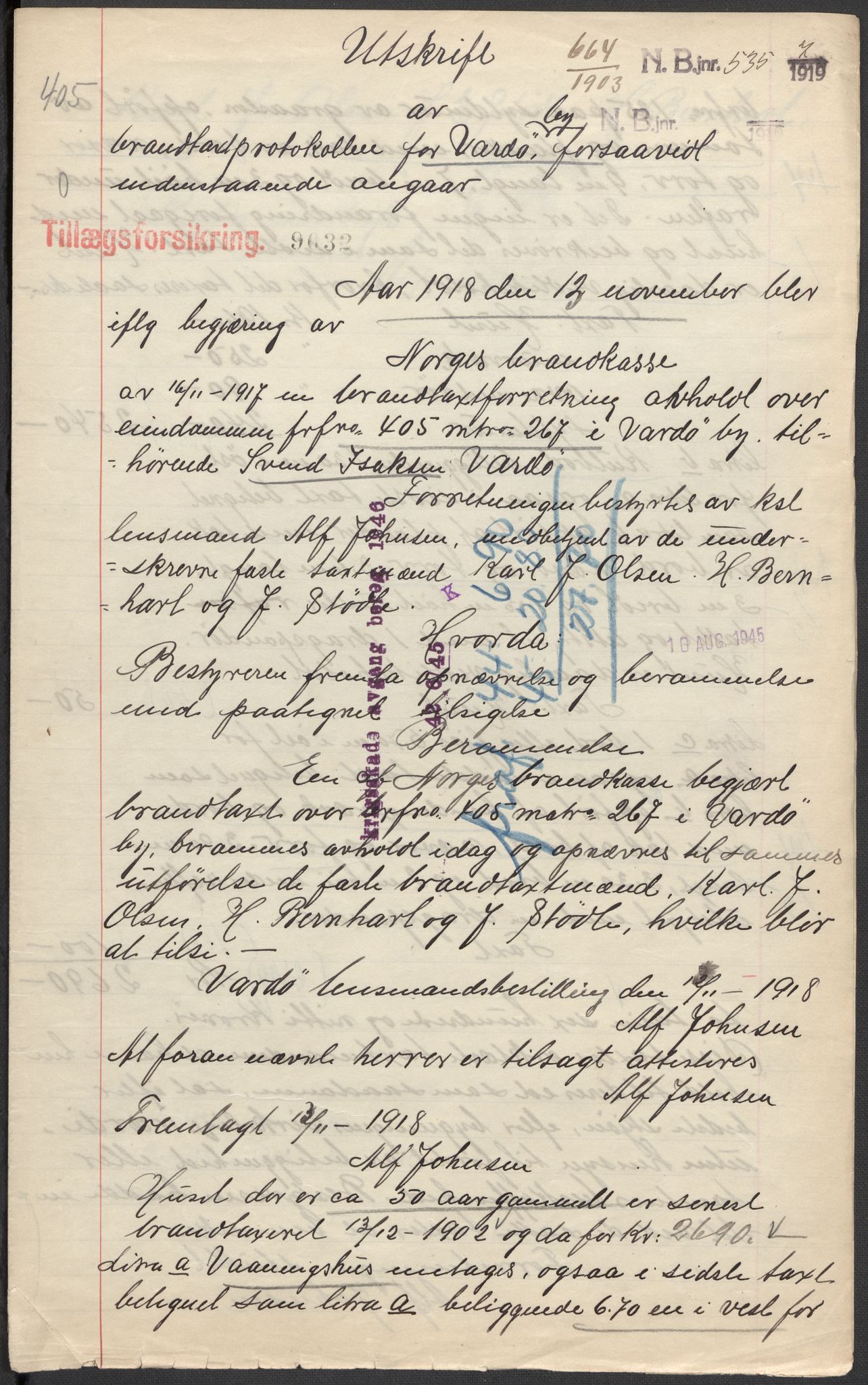 Norges Brannkasse, AV/RA-S-1549/E/Eu/L0019: Branntakster for Vardø by, 1889-1955, p. 20