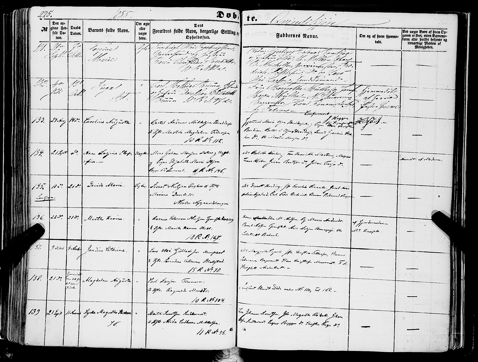 Domkirken sokneprestembete, SAB/A-74801/H/Haa/L0020: Parish register (official) no. B 3, 1851-1859, p. 225