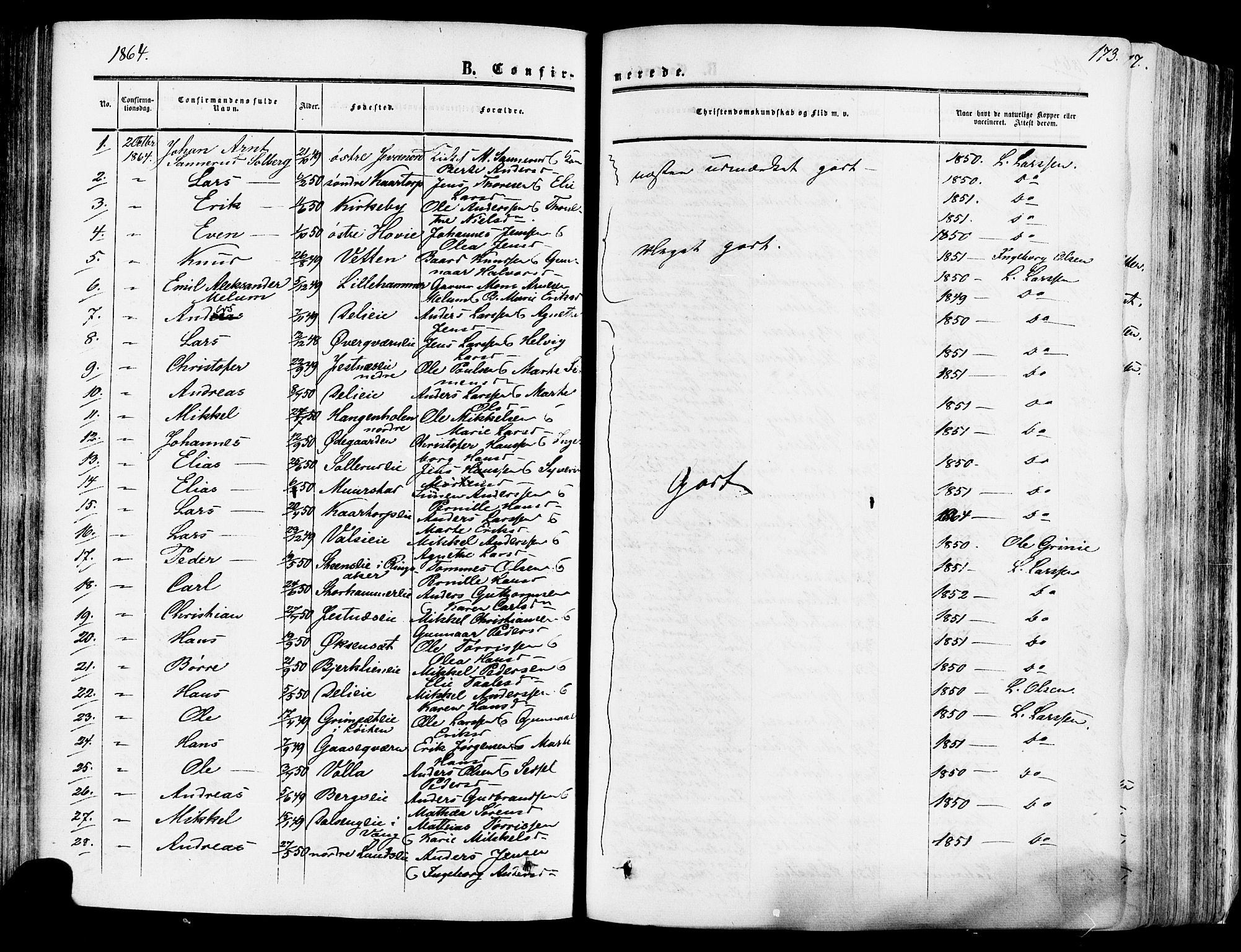 Vang prestekontor, Hedmark, SAH/PREST-008/H/Ha/Haa/L0013: Parish register (official) no. 13, 1855-1879, p. 173