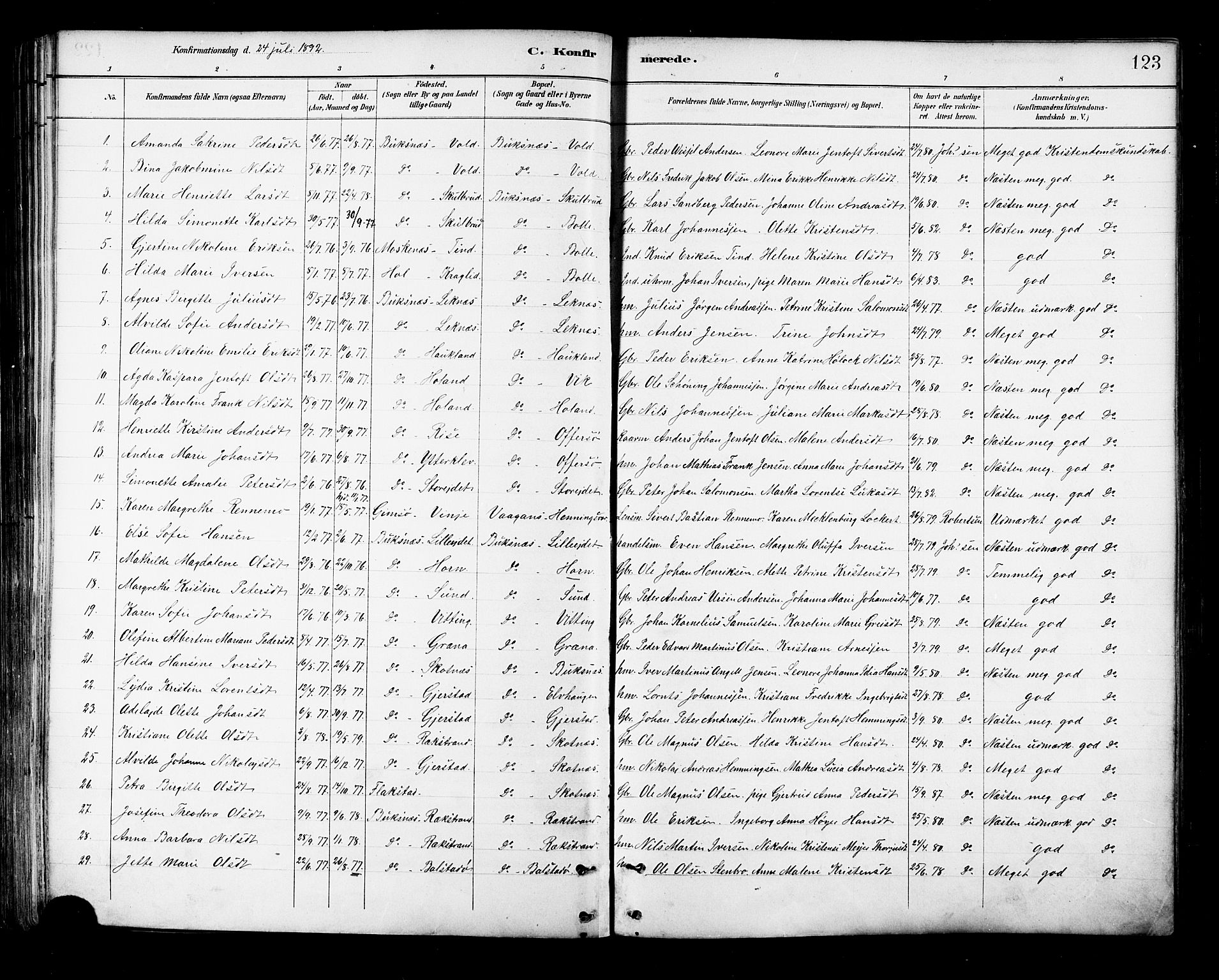 Ministerialprotokoller, klokkerbøker og fødselsregistre - Nordland, SAT/A-1459/881/L1167: Parish register (copy) no. 881C04, 1886-1899, p. 123