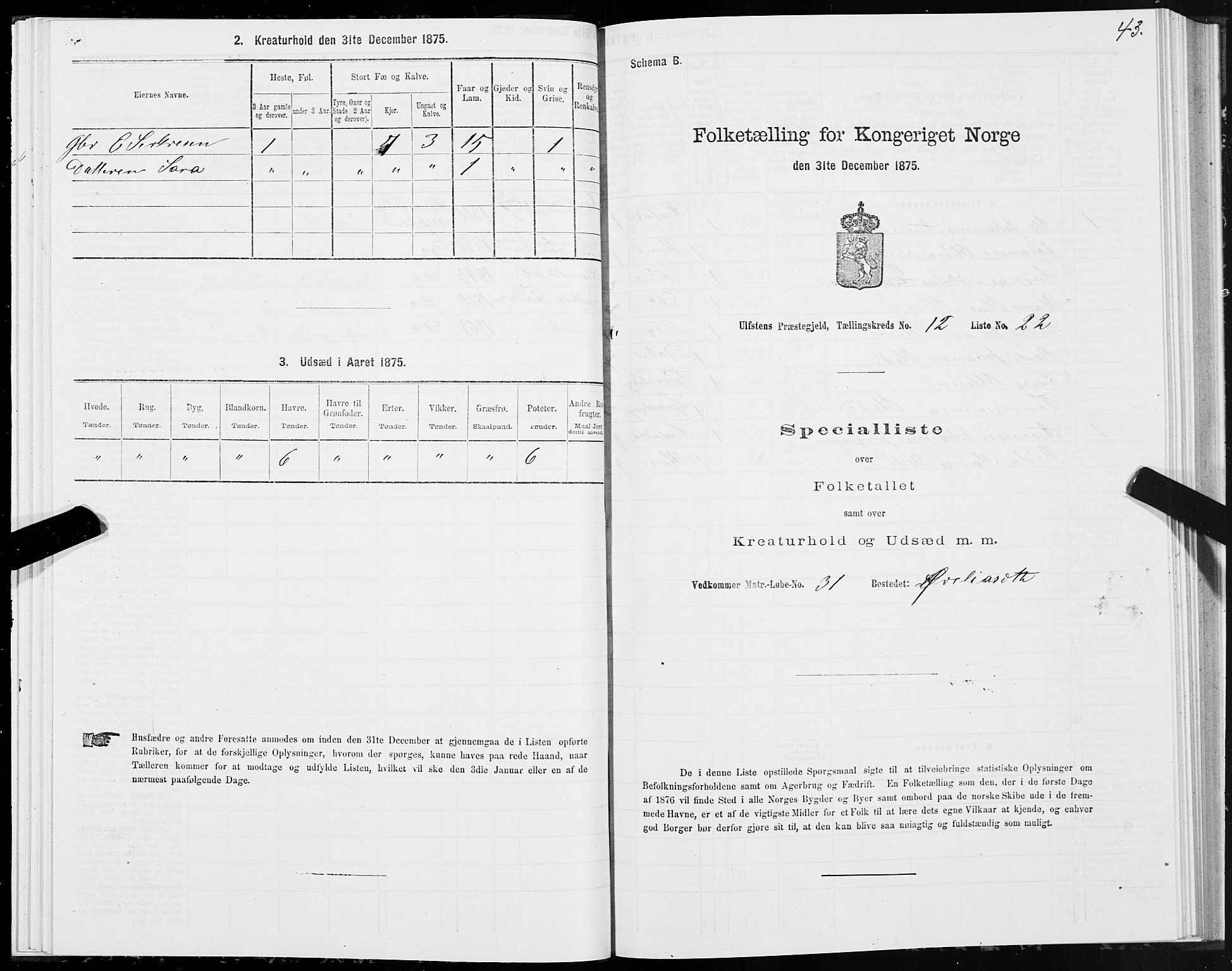 SAT, 1875 census for 1516P Ulstein, 1875, p. 5043