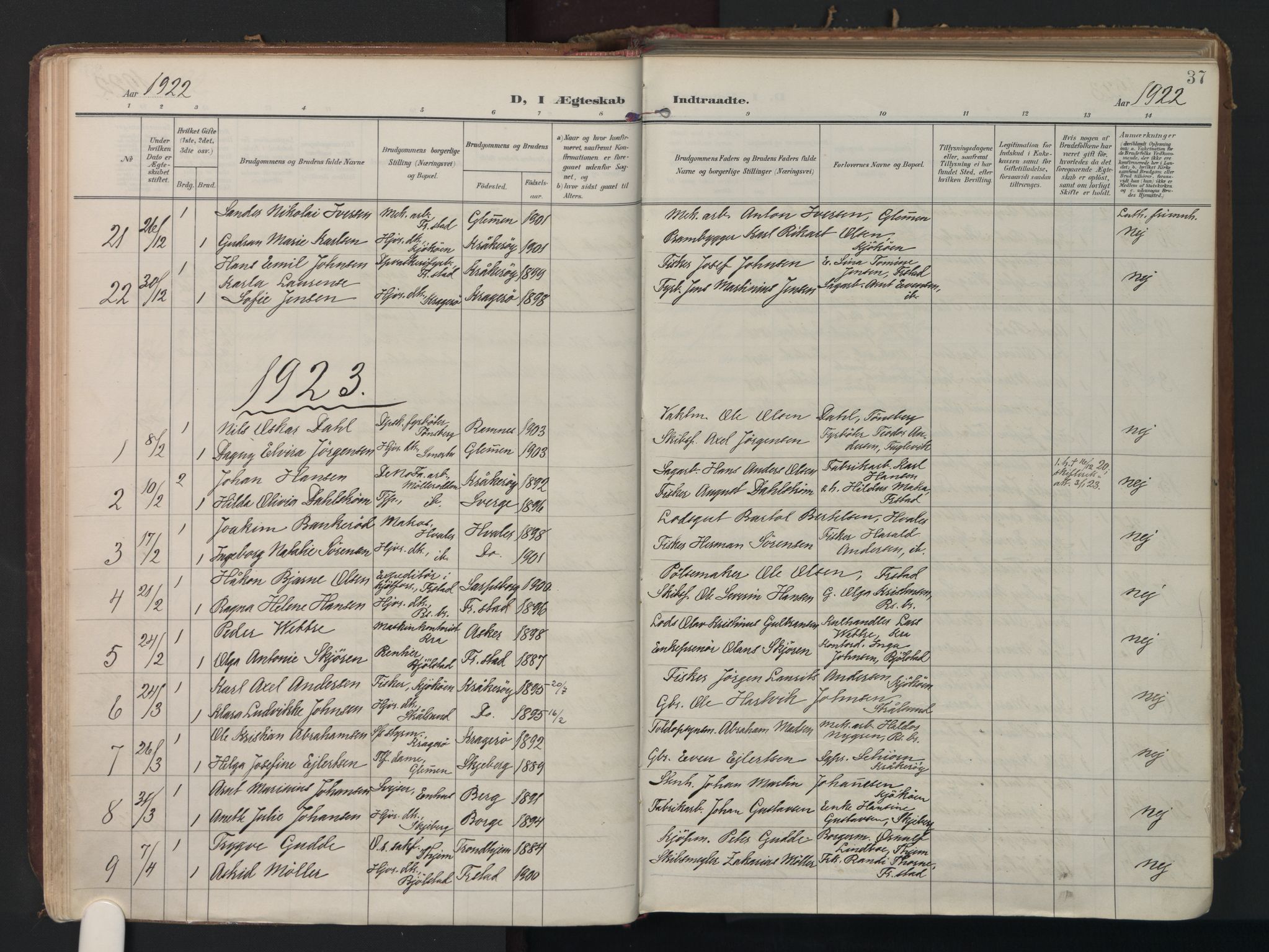 Kråkerøy prestekontor Kirkebøker, AV/SAO-A-10912/F/Fa/L0004: Parish register (official) no. 4, 1908-1965, p. 37