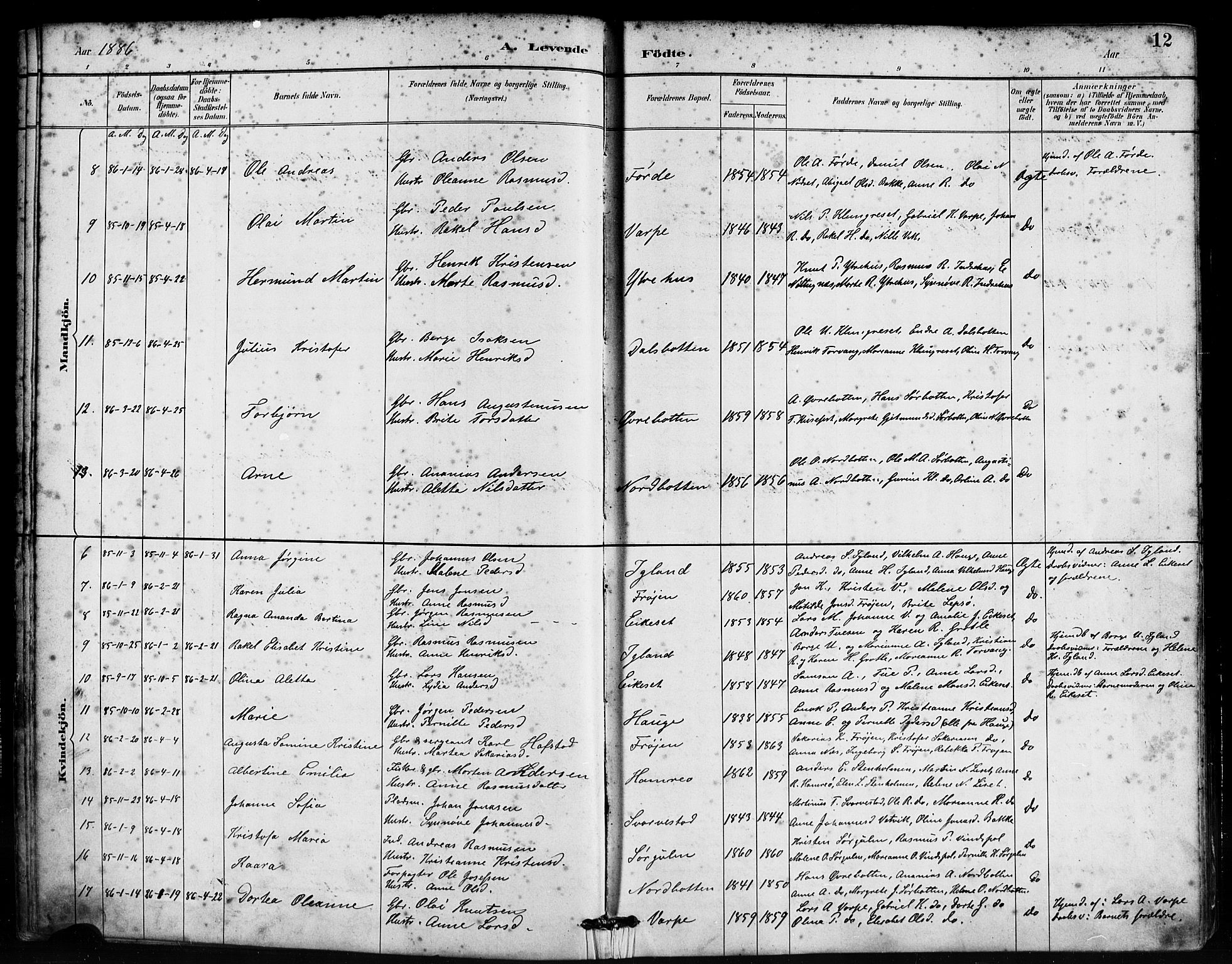 Bremanger sokneprestembete, SAB/A-82201/H/Haa/Haab/L0001: Parish register (official) no. B 1, 1884-1895, p. 12