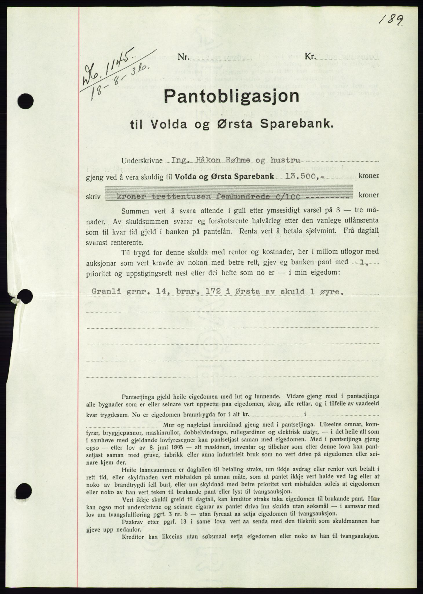 Søre Sunnmøre sorenskriveri, AV/SAT-A-4122/1/2/2C/L0061: Mortgage book no. 55, 1936-1936, Diary no: : 1145/1936