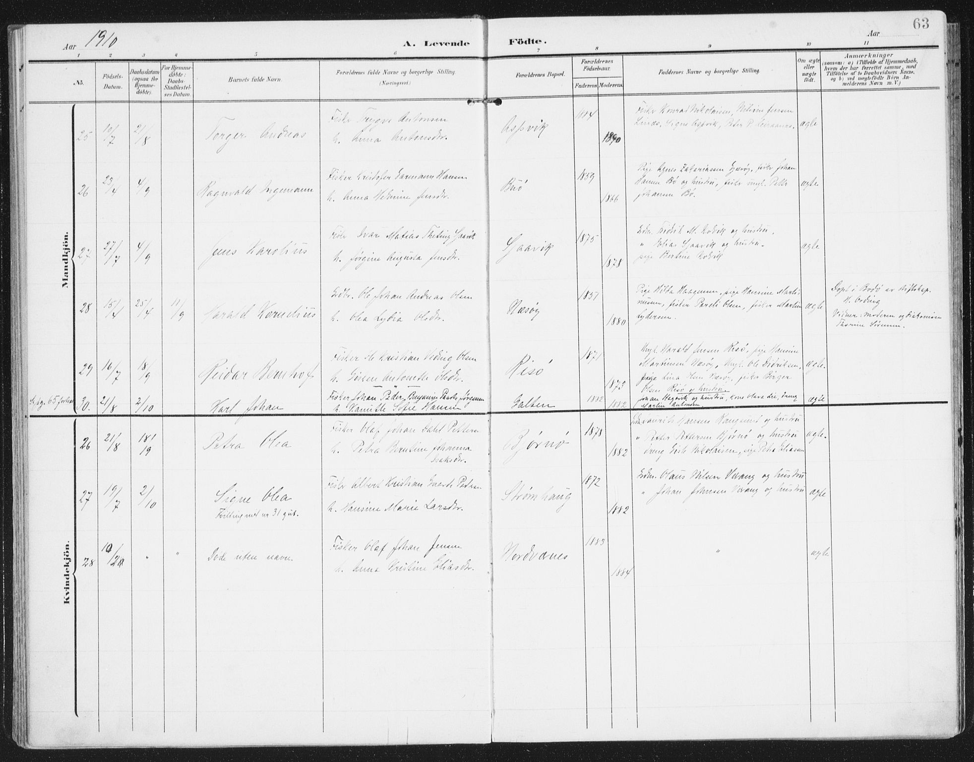 Ministerialprotokoller, klokkerbøker og fødselsregistre - Nordland, AV/SAT-A-1459/841/L0612: Parish register (official) no. 841A15, 1902-1910, p. 63