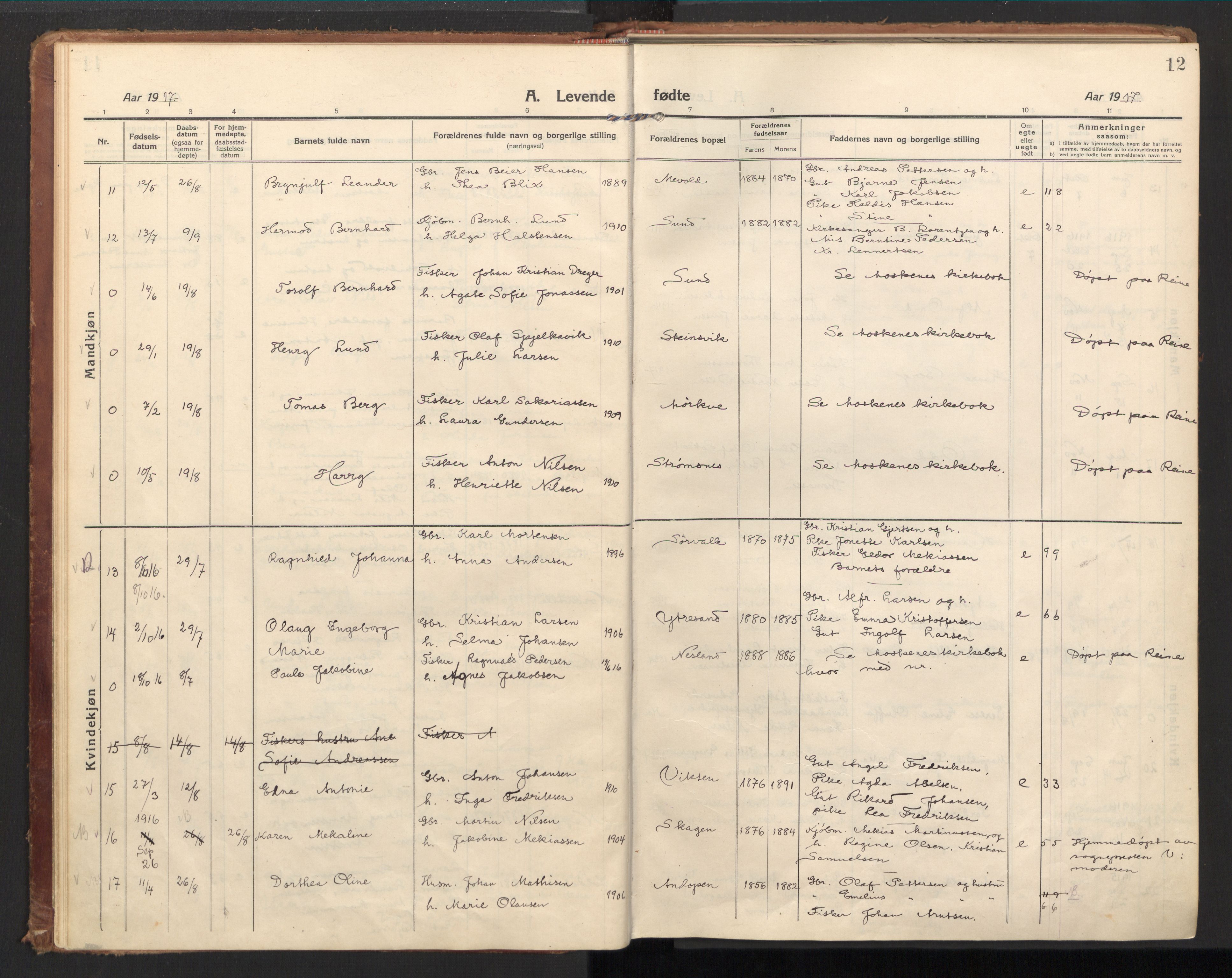 Ministerialprotokoller, klokkerbøker og fødselsregistre - Nordland, AV/SAT-A-1459/885/L1210: Parish register (official) no. 885A10, 1916-1926, p. 12