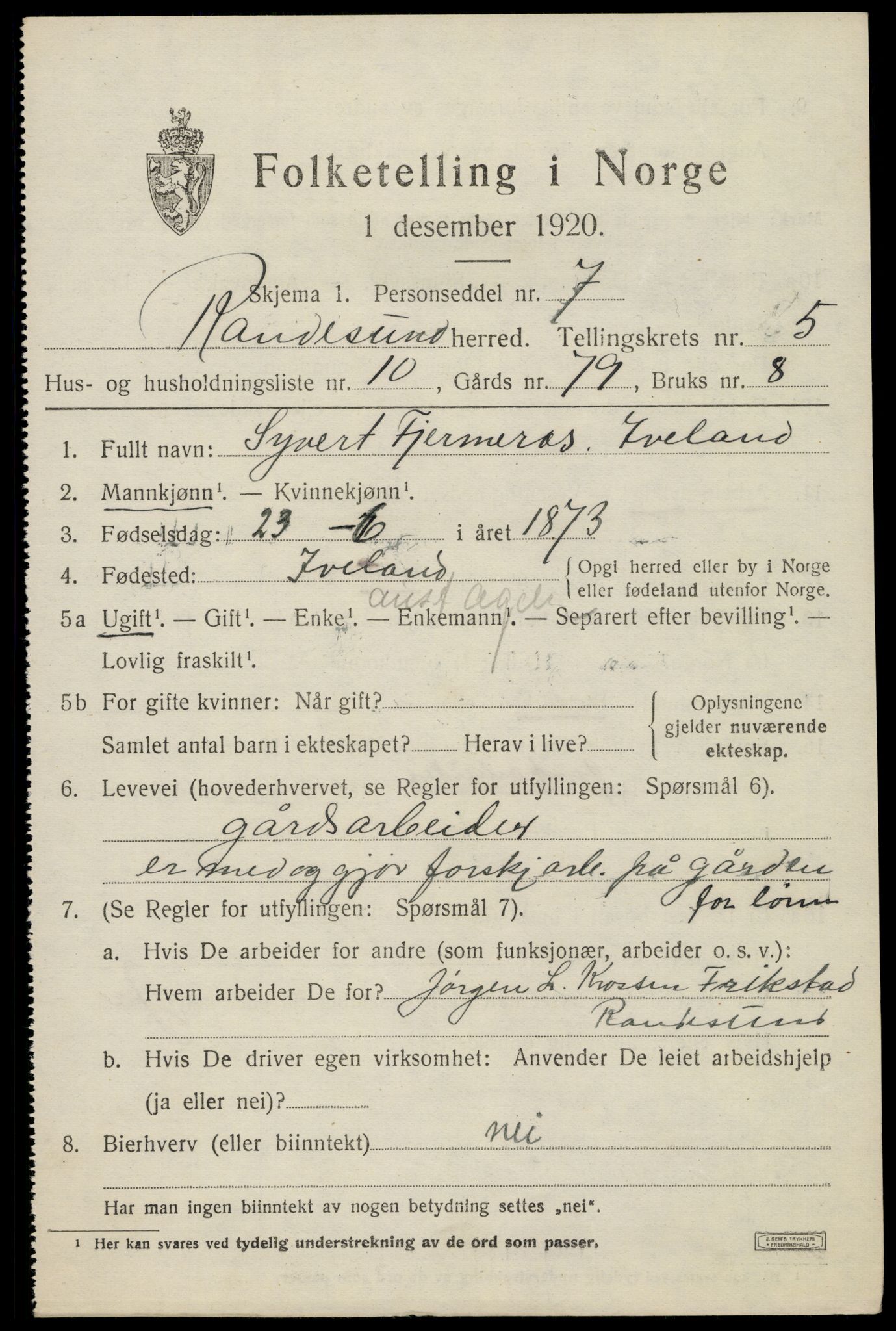 SAK, 1920 census for Randesund, 1920, p. 2424