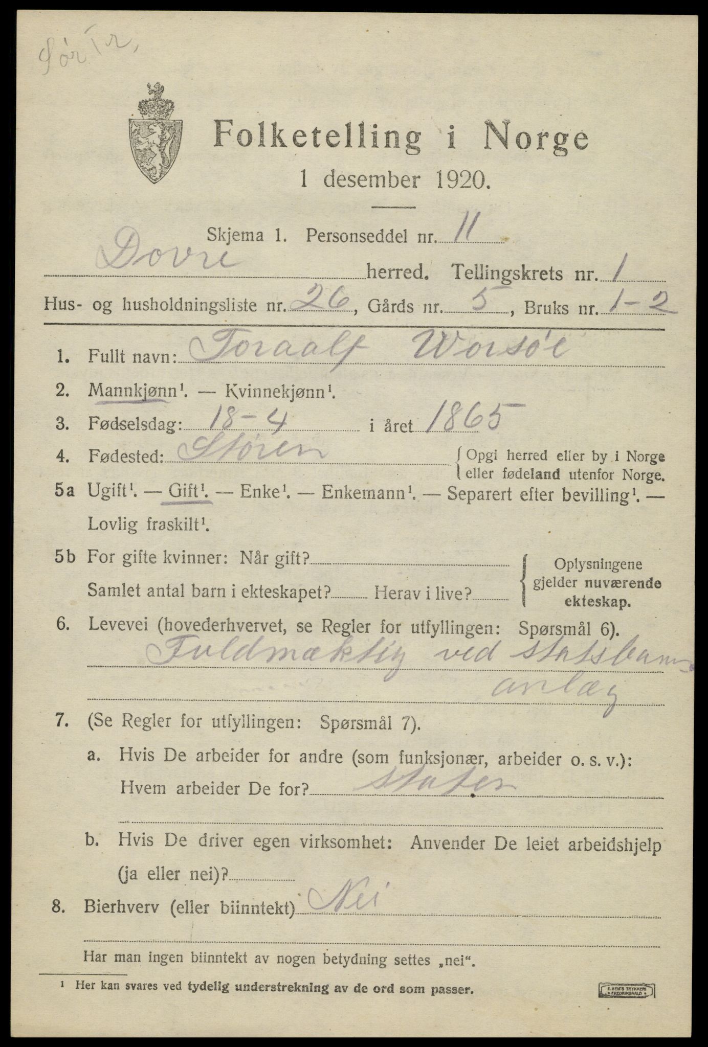 SAH, 1920 census for Dovre, 1920, p. 1250