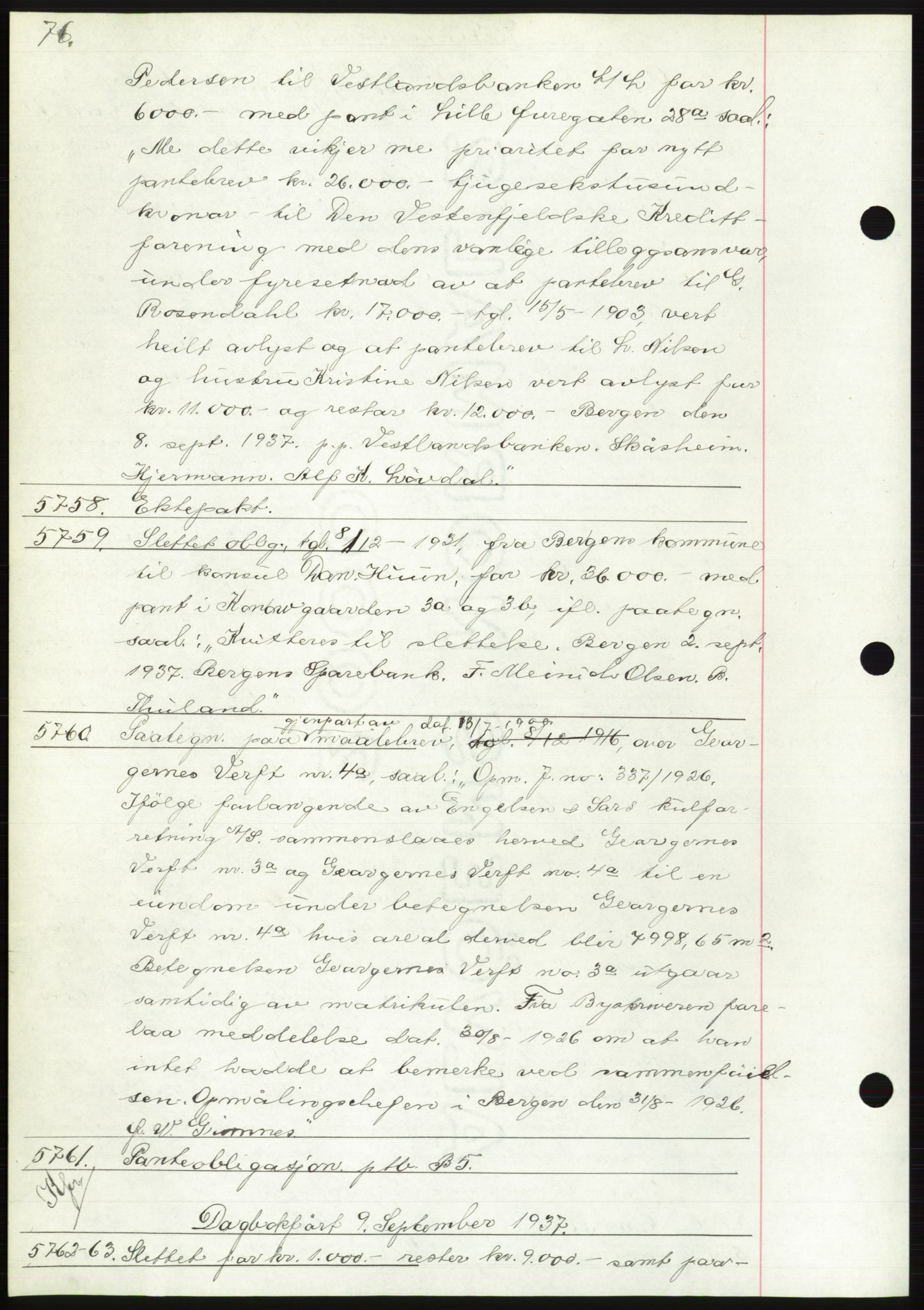 Byfogd og Byskriver i Bergen, AV/SAB-A-3401/03: Mortgage book no. C 5, 1937-1937, Diary no: : 5758/1937
