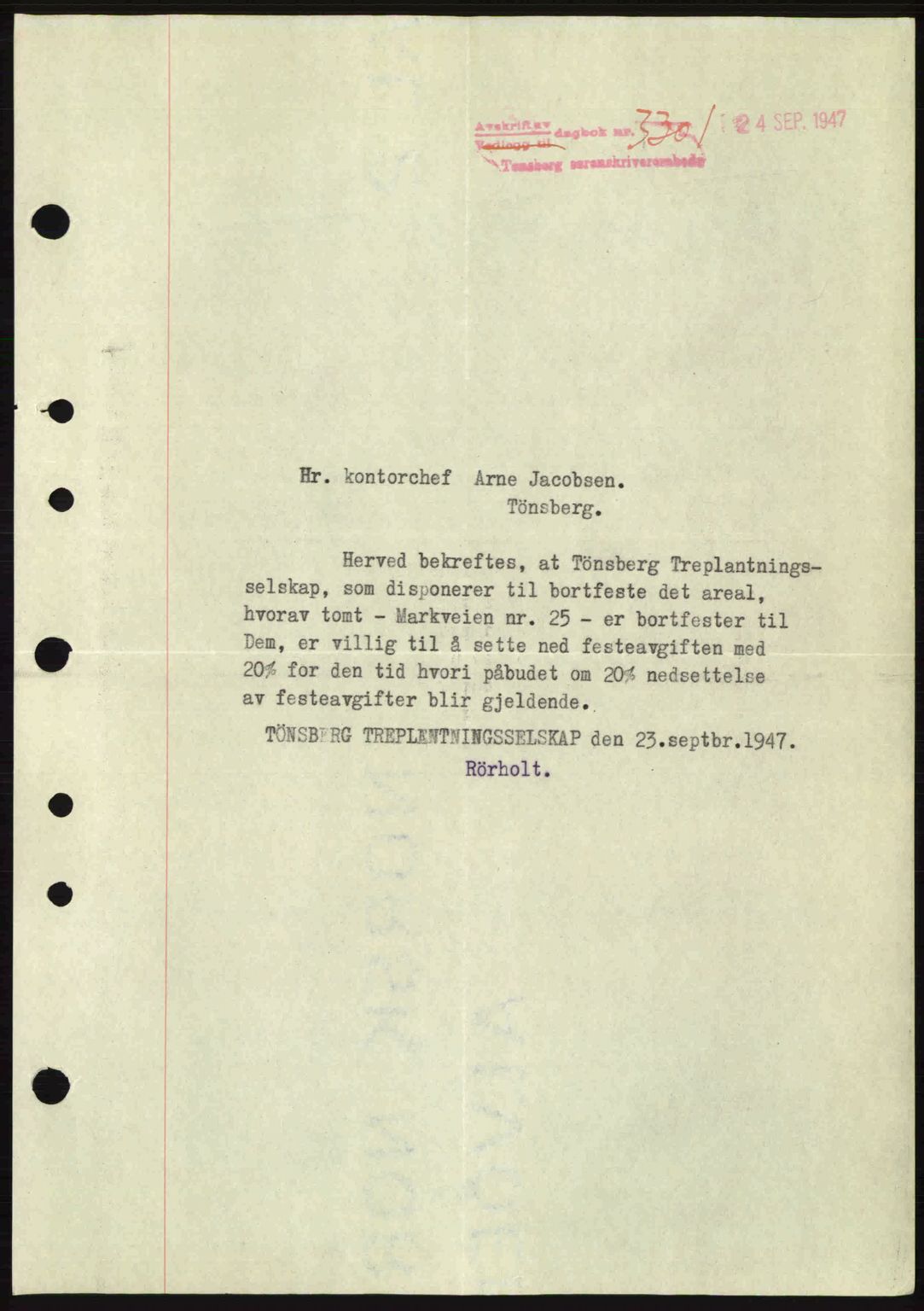 Tønsberg sorenskriveri, AV/SAKO-A-130/G/Ga/Gaa/L0022: Mortgage book no. A22, 1947-1947, Diary no: : 3301/1947