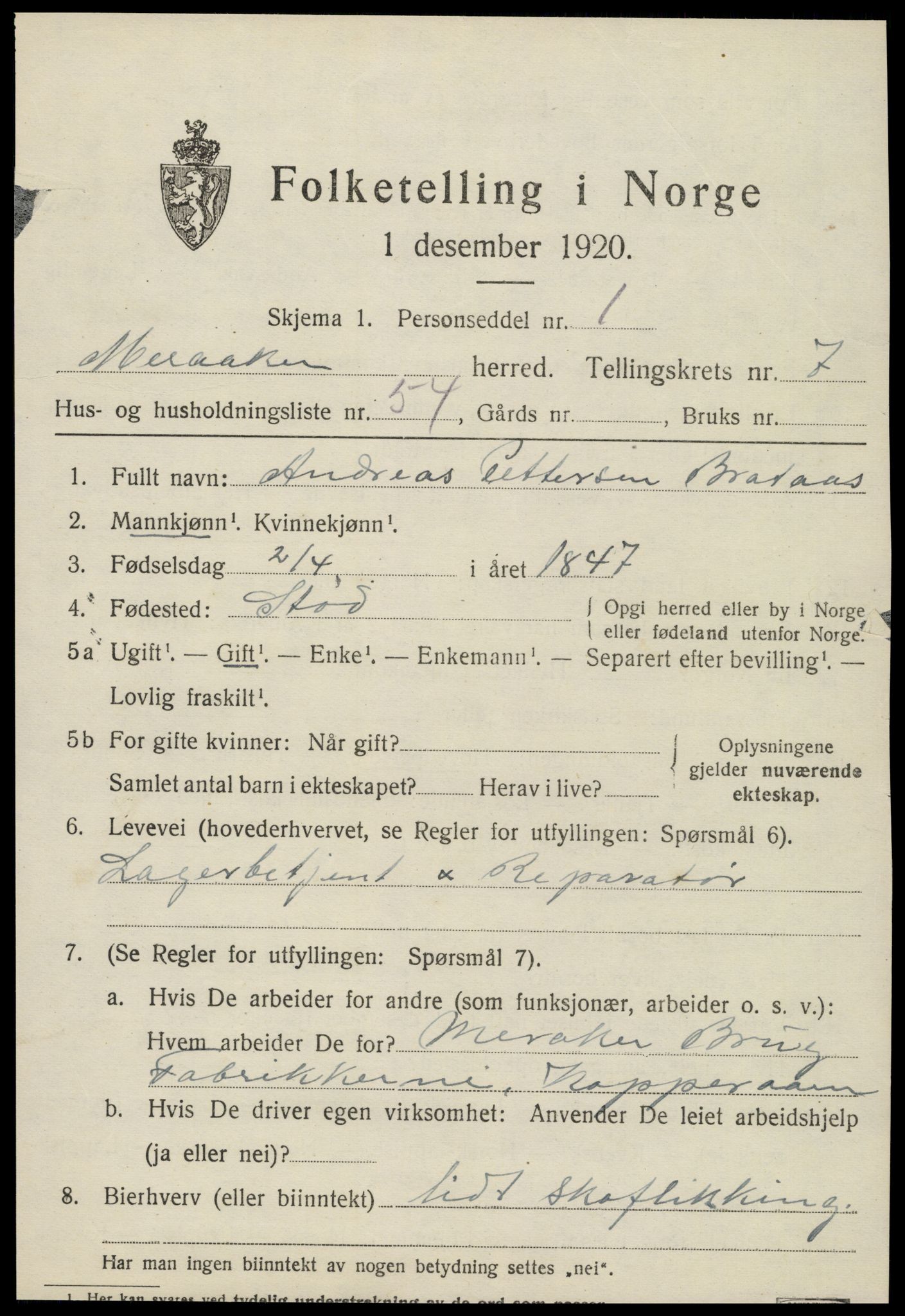 SAT, 1920 census for Meråker, 1920, p. 5972