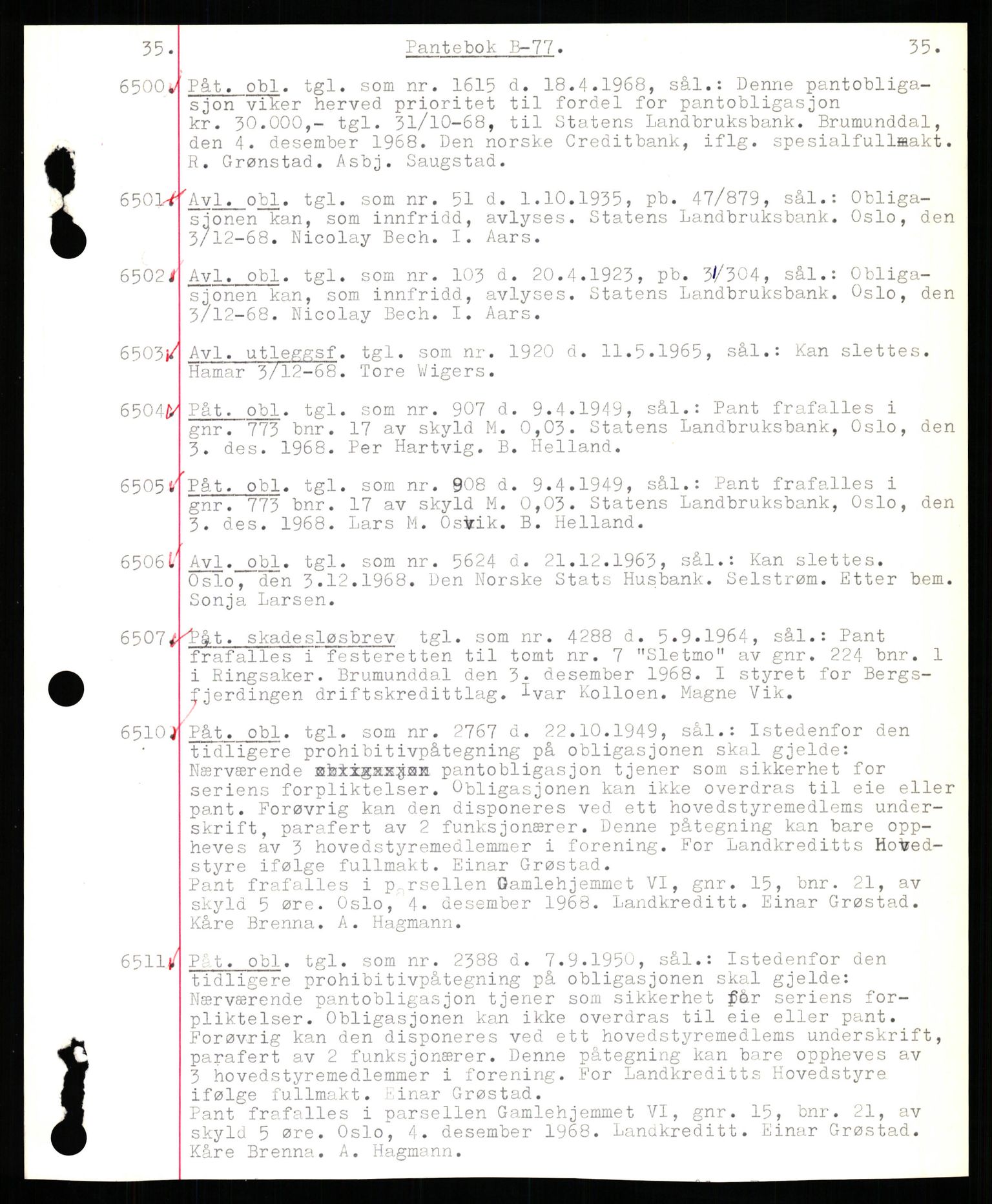 Nord-Hedmark sorenskriveri, SAH/TING-012/H/Hb/Hbf/L0077: Mortgage book no. B77, 1968-1969, Diary no: : 6500/1968