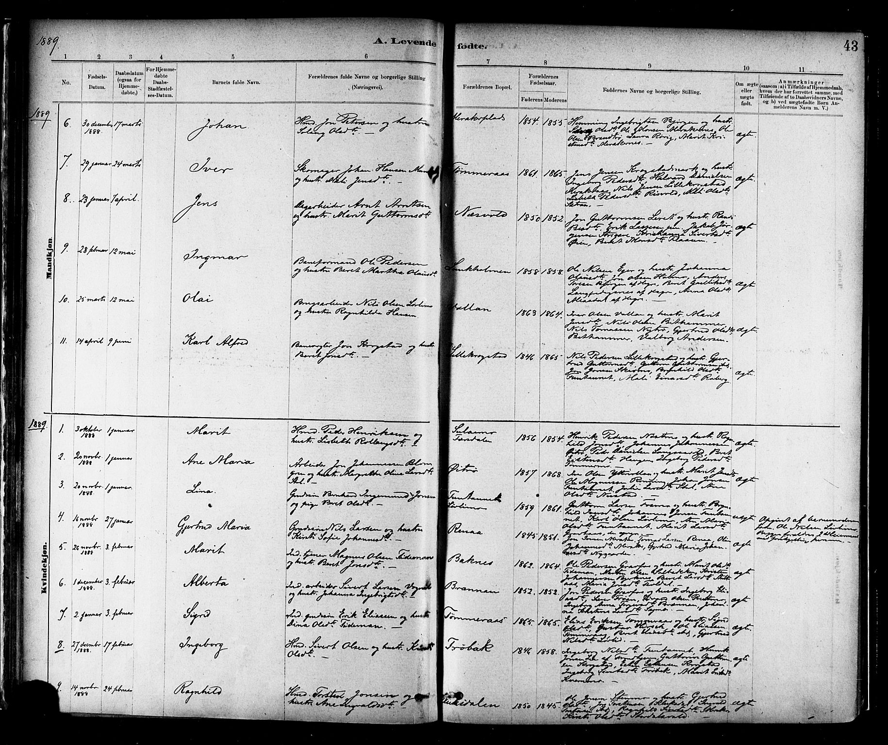 Ministerialprotokoller, klokkerbøker og fødselsregistre - Nord-Trøndelag, SAT/A-1458/706/L0047: Parish register (official) no. 706A03, 1878-1892, p. 43