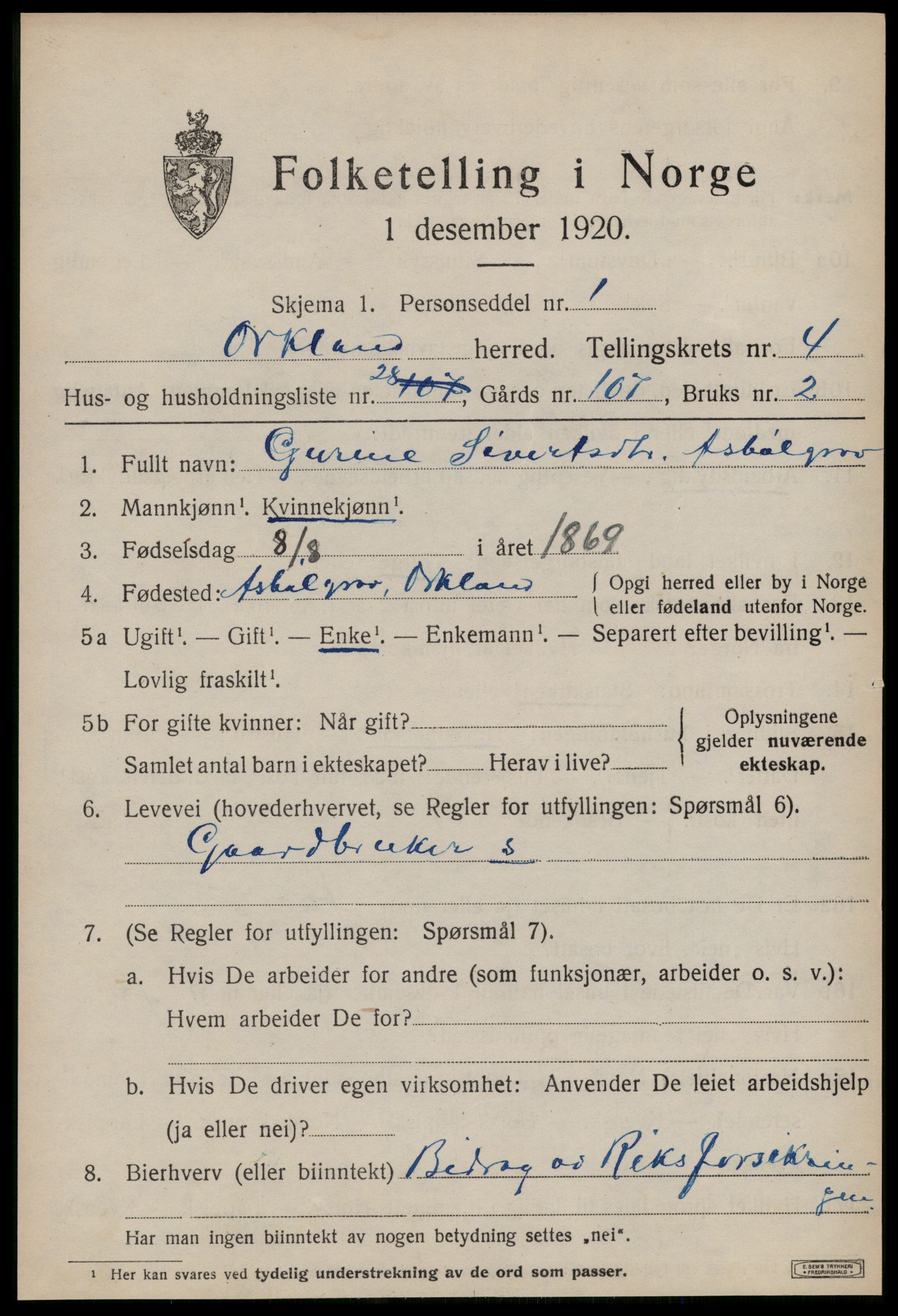 SAT, 1920 census for Orkland, 1920, p. 3644