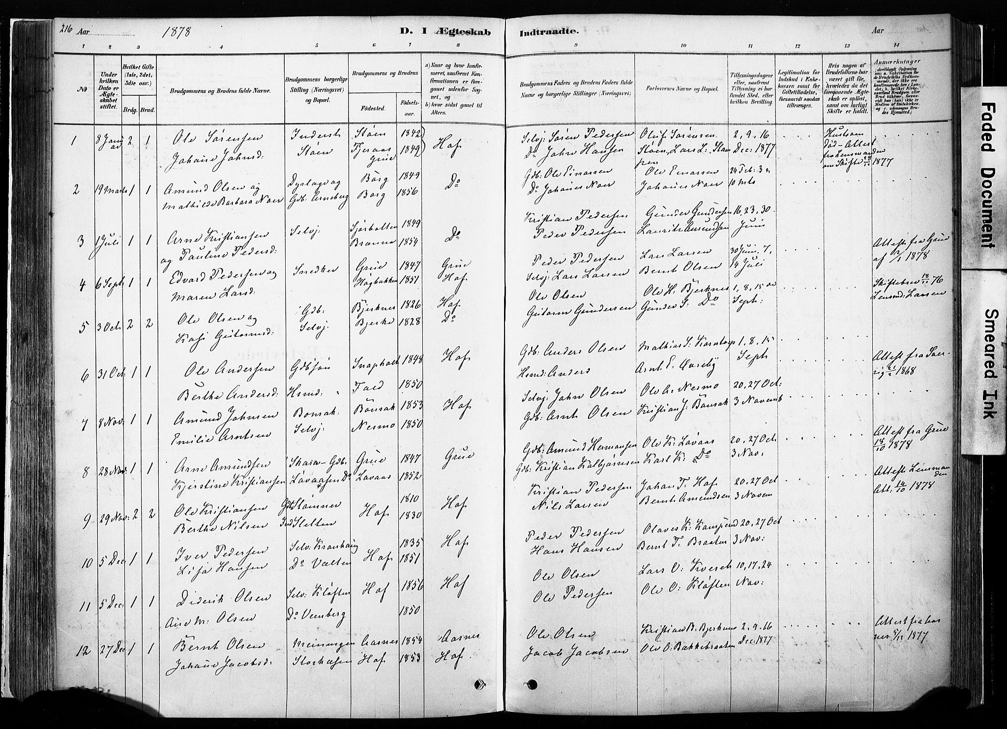 Hof prestekontor, SAH/PREST-038/H/Ha/Haa/L0010: Parish register (official) no. 10, 1878-1909, p. 216