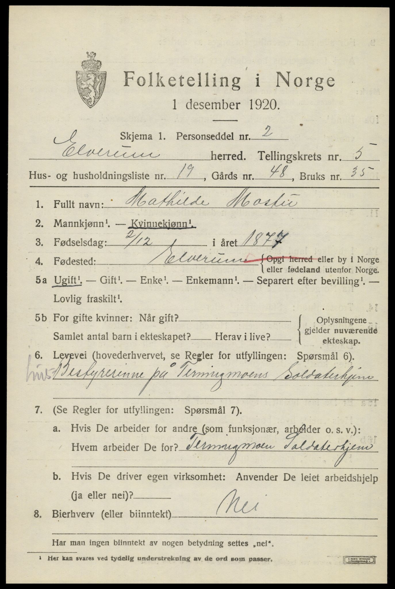 SAH, 1920 census for Elverum, 1920, p. 7712