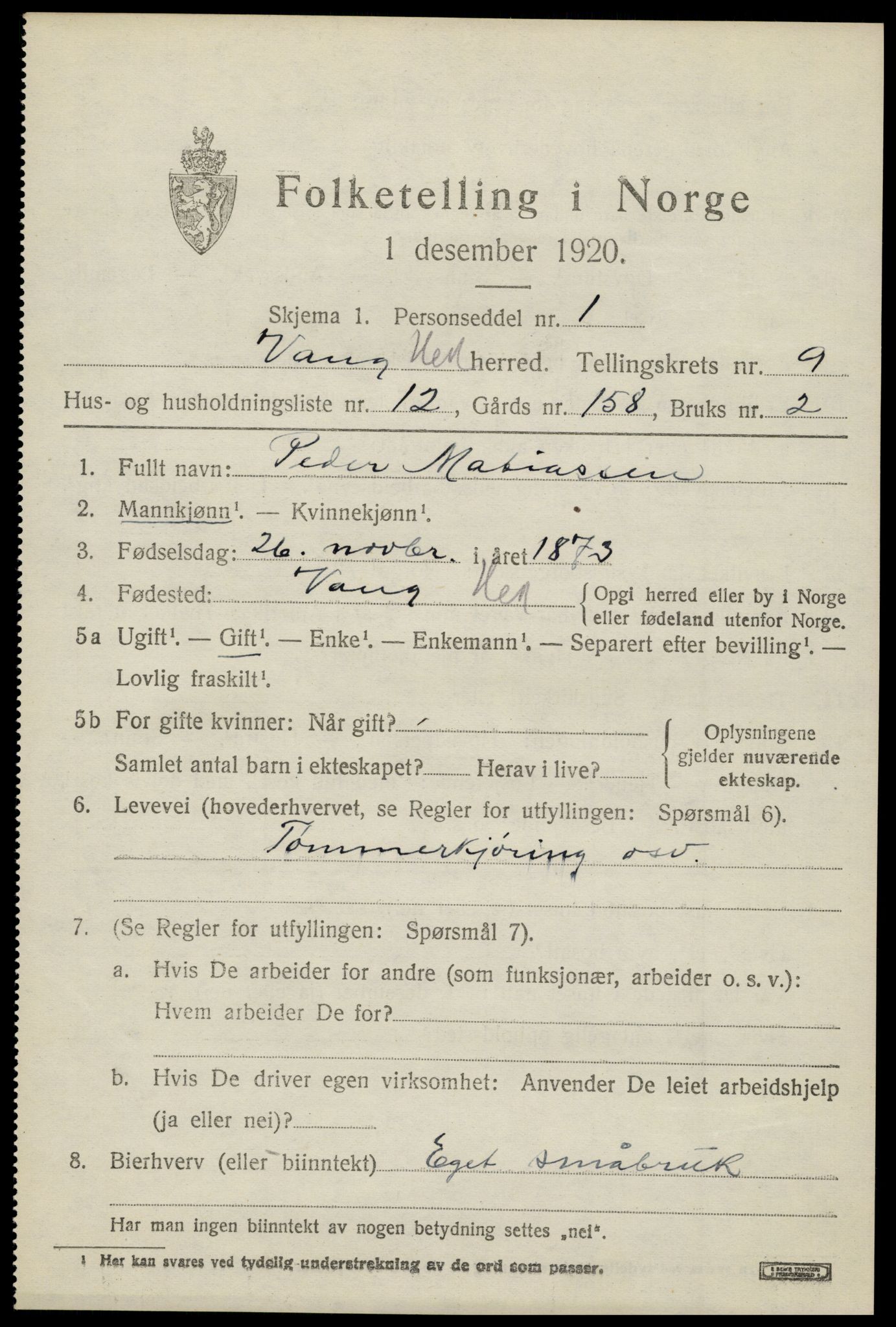 SAH, 1920 census for Vang (Hedmark), 1920, p. 18229