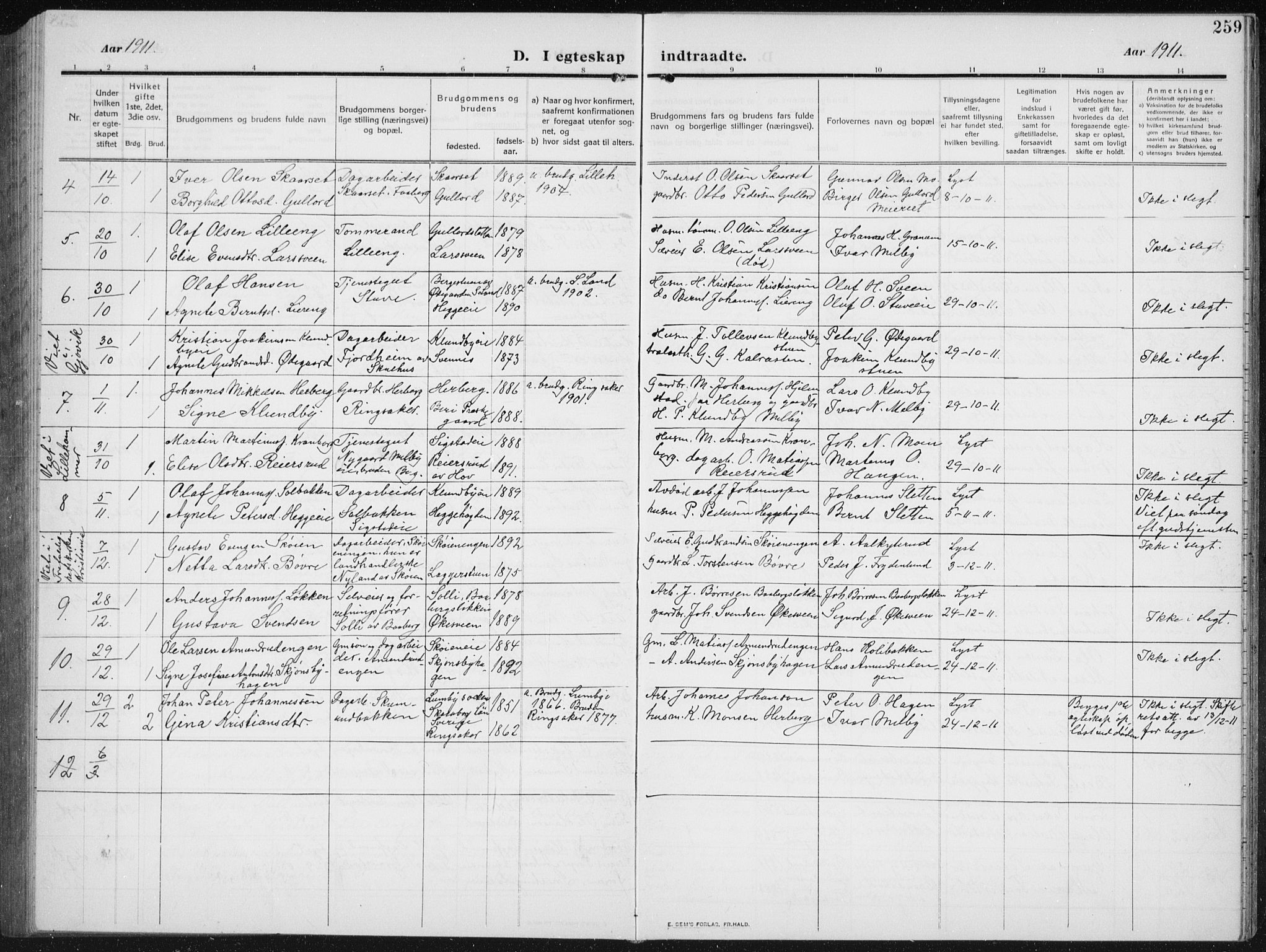 Biri prestekontor, SAH/PREST-096/H/Ha/Hab/L0006: Parish register (copy) no. 6, 1909-1938, p. 259