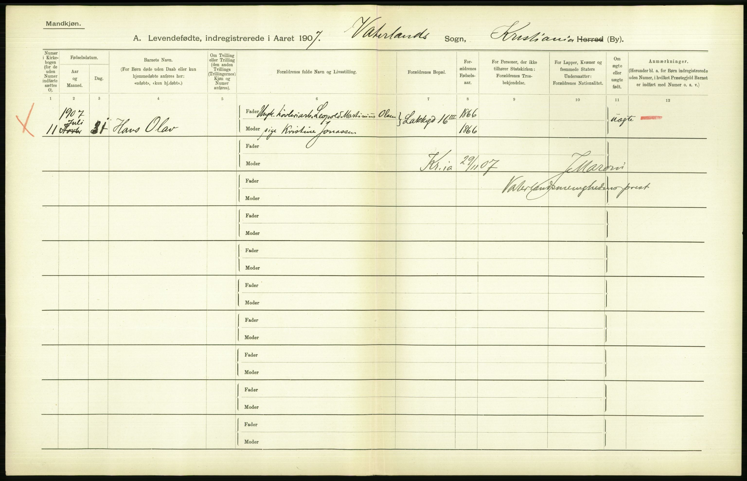 Statistisk sentralbyrå, Sosiodemografiske emner, Befolkning, AV/RA-S-2228/D/Df/Dfa/Dfae/L0007: Kristiania: Levendefødte menn og kvinner., 1907, p. 728