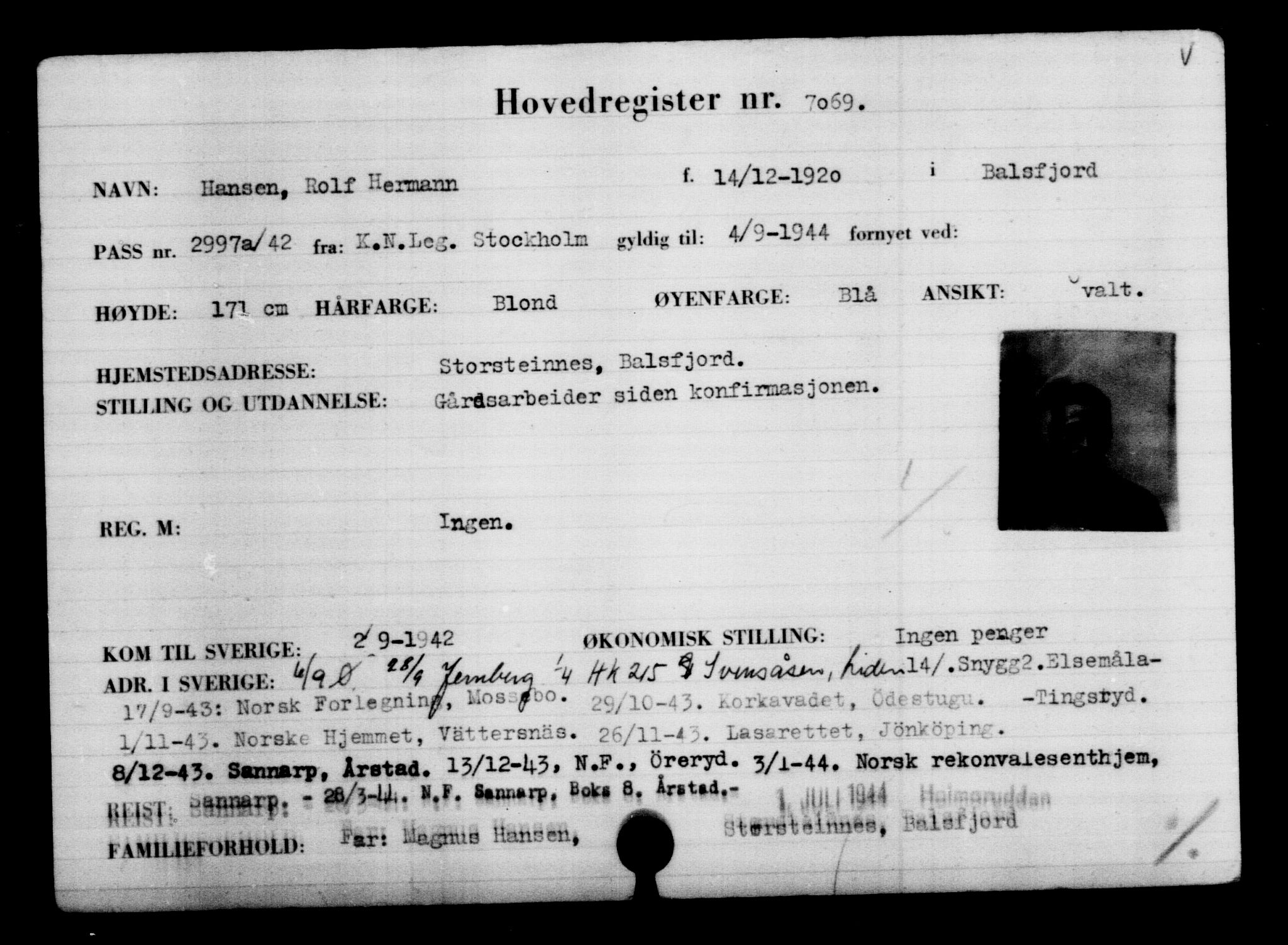 Utenriksstasjonene, Legasjonen i Stockholm, Flyktningkontoret, AV/RA-S-6753/V/Va/L0005: Kjesäterkartoteket, flyktninger med registreringsnr. 6600-9417, 1940-1945, p. 564
