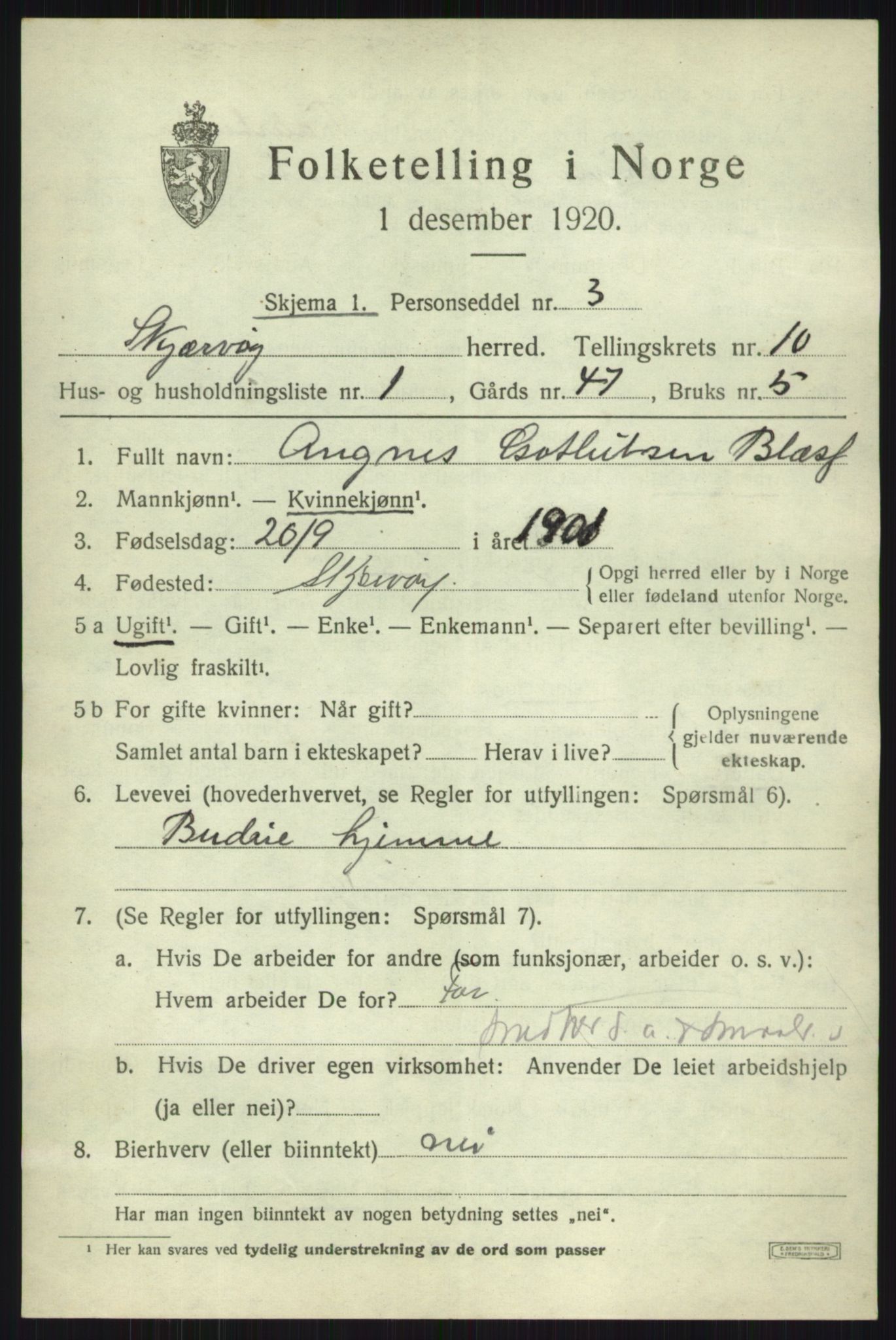 SATØ, 1920 census for Skjervøy, 1920, p. 5395