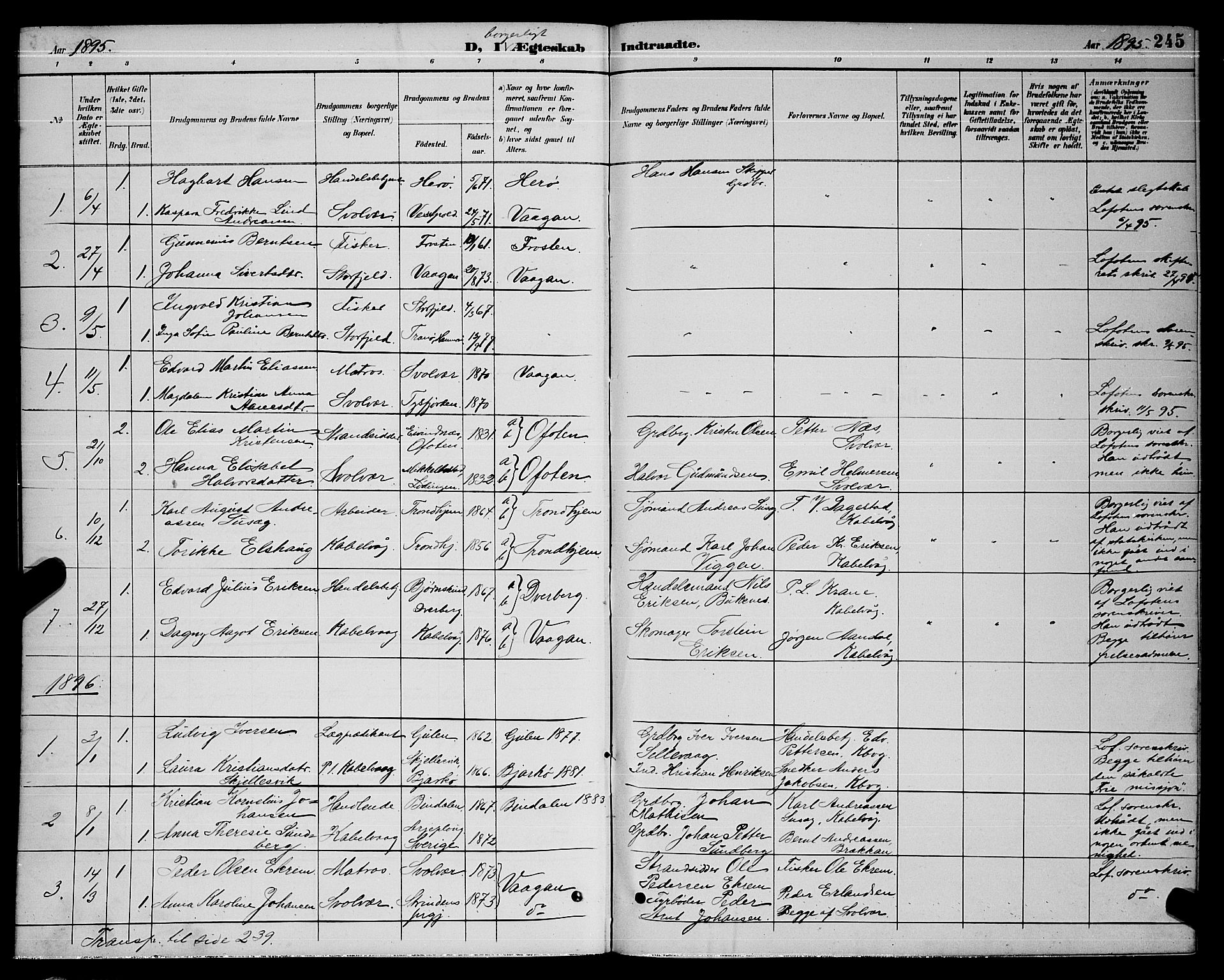 Ministerialprotokoller, klokkerbøker og fødselsregistre - Nordland, SAT/A-1459/874/L1077: Parish register (copy) no. 874C06, 1891-1900, p. 245