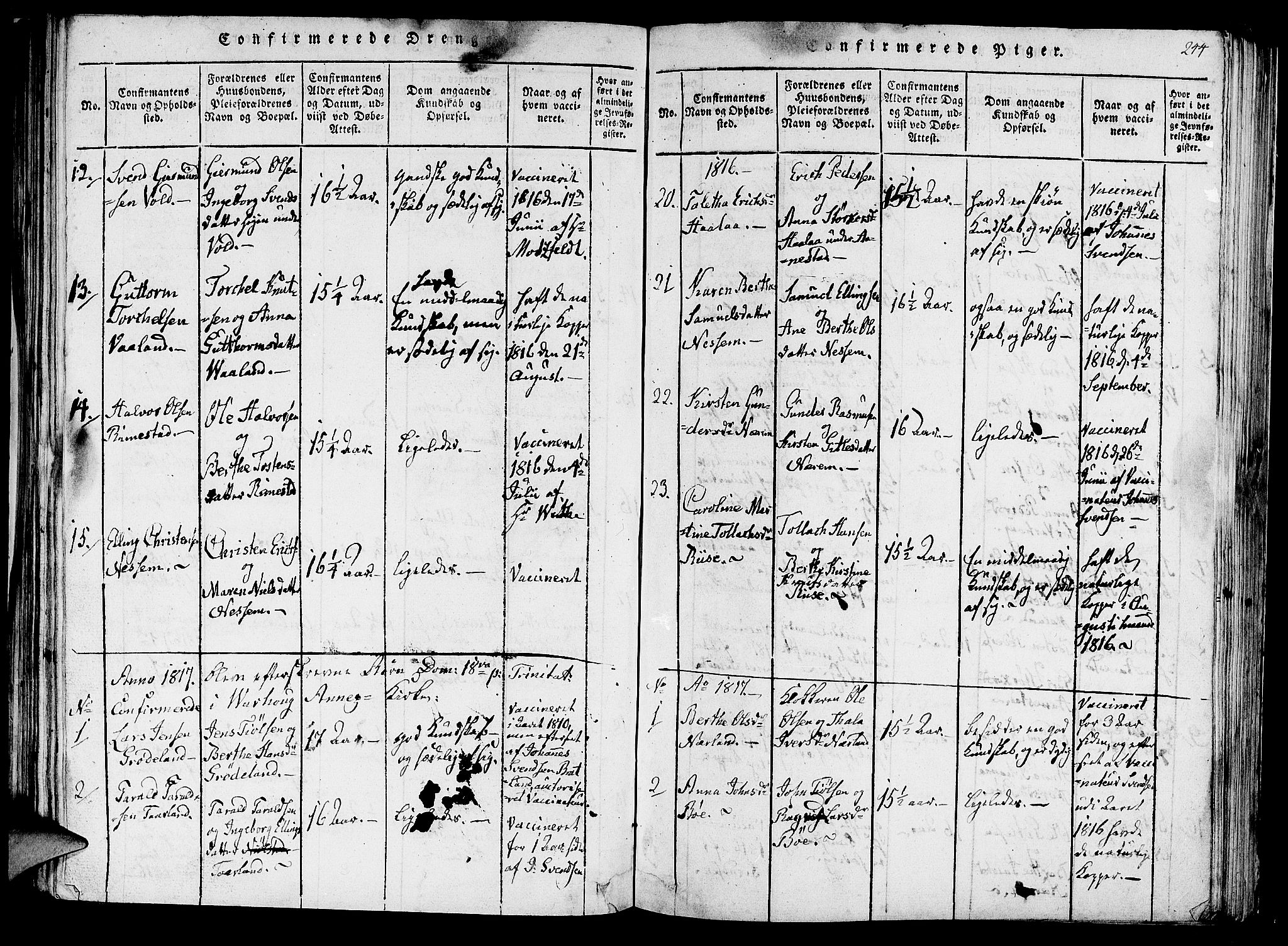 Hå sokneprestkontor, AV/SAST-A-101801/001/30BA/L0003: Parish register (official) no. A 3, 1815-1825, p. 244