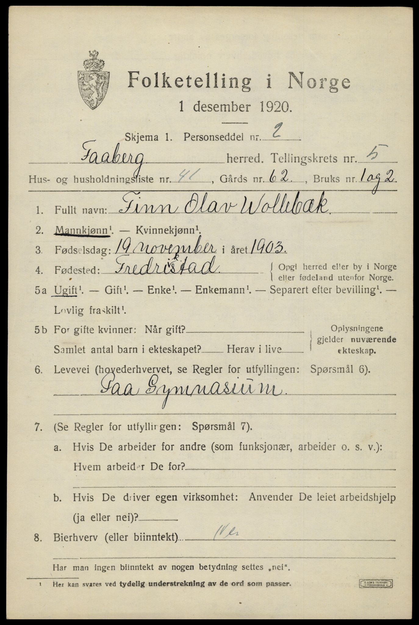 SAH, 1920 census for Fåberg, 1920, p. 6520