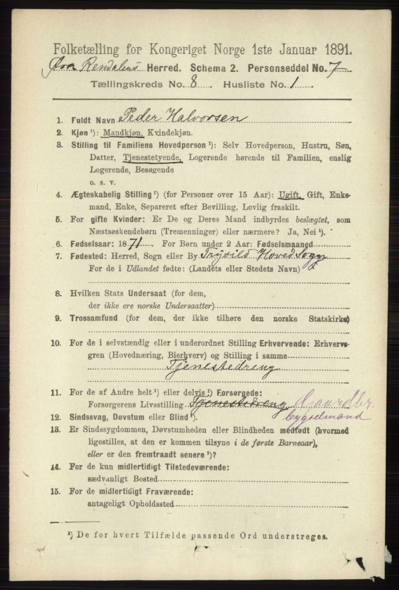 RA, 1891 census for 0433 Øvre Rendal, 1891, p. 1971