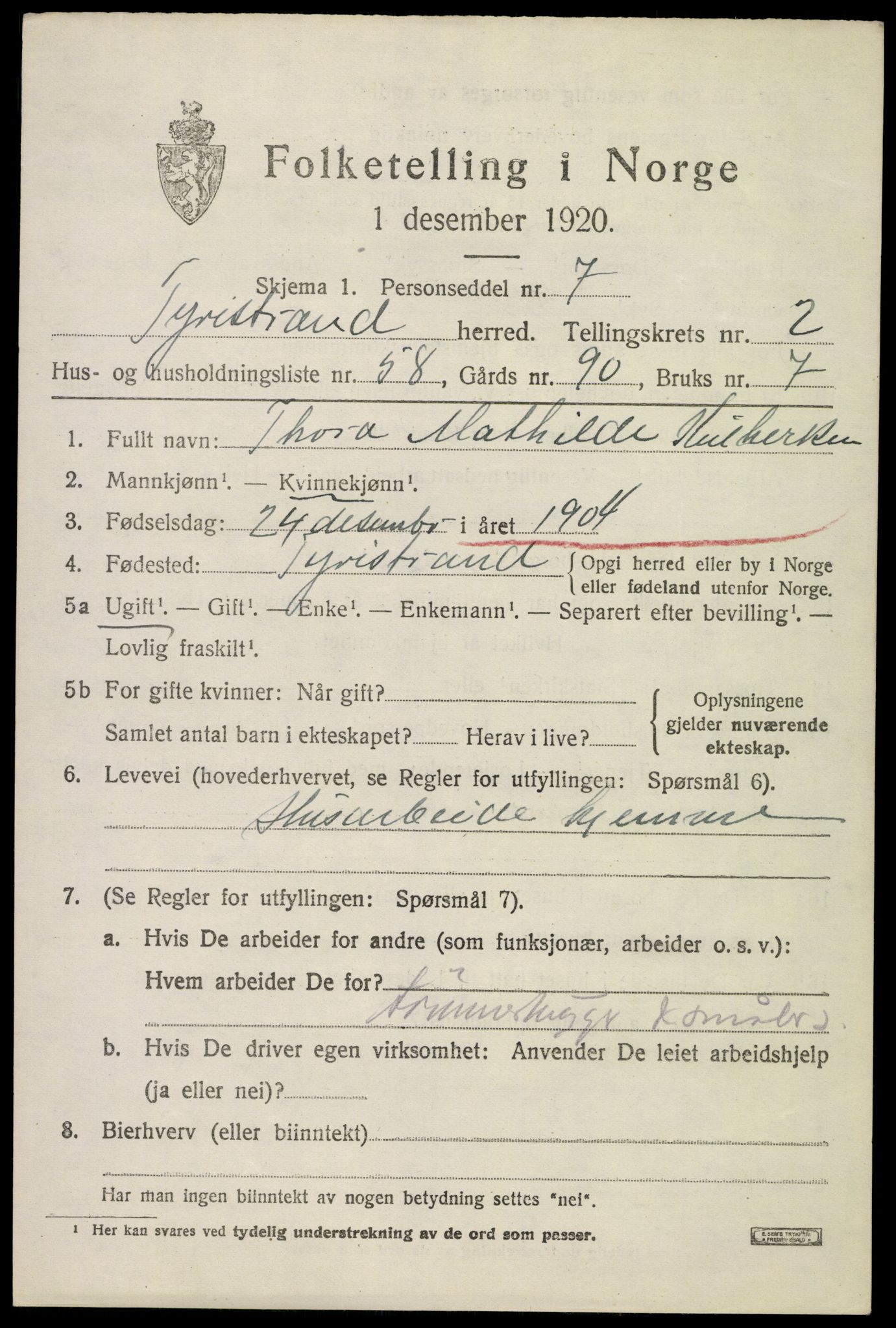 SAKO, 1920 census for Tyristrand, 1920, p. 1968