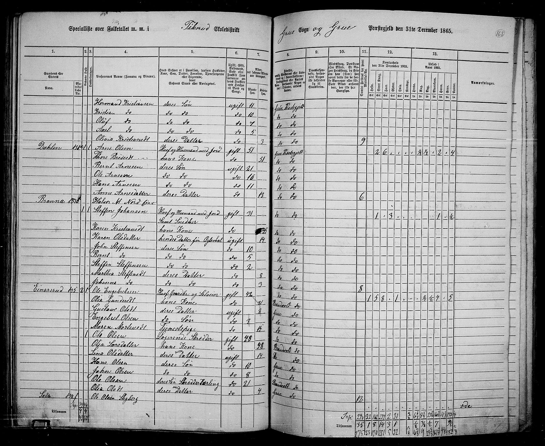 RA, 1865 census for Grue, 1865, p. 142