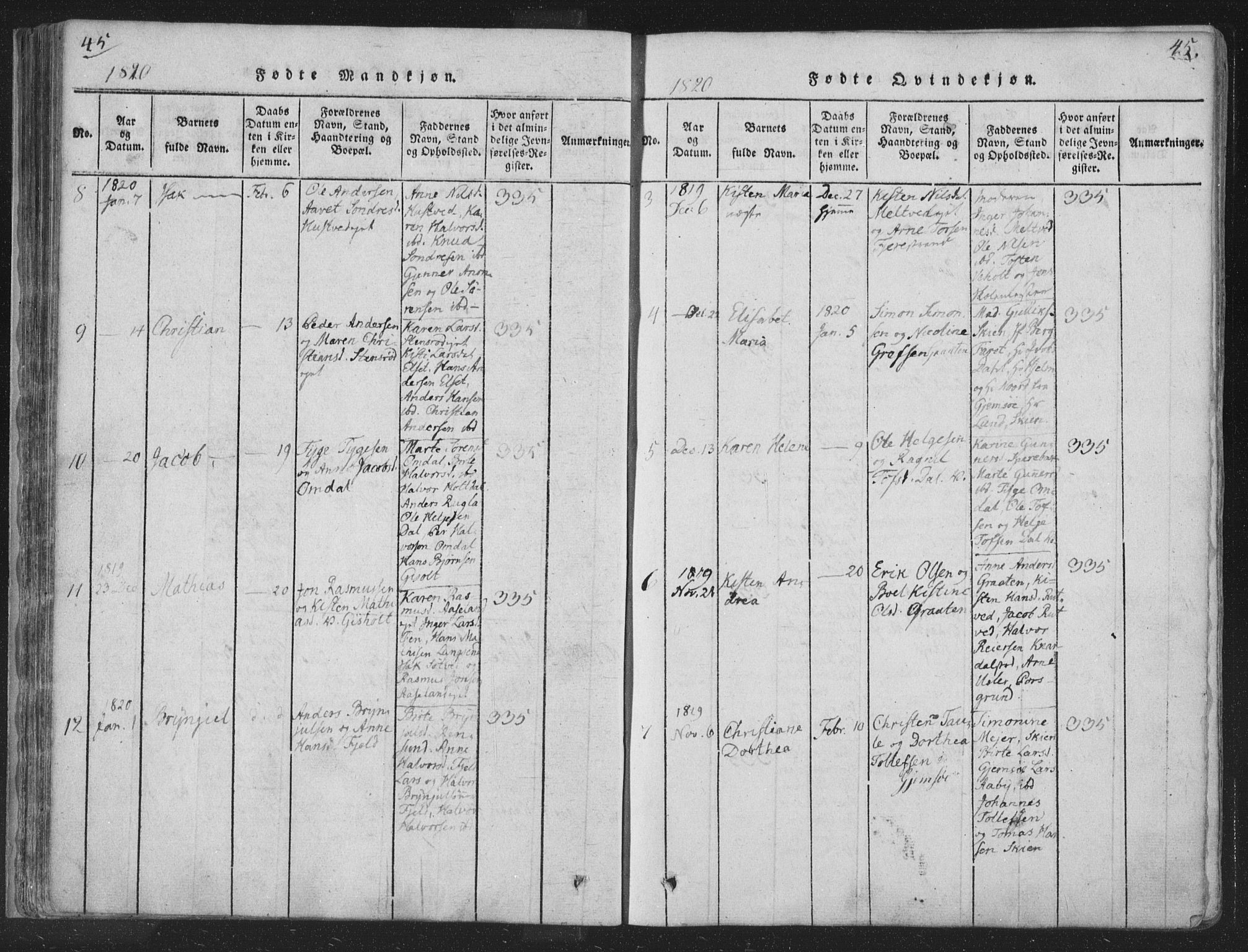 Solum kirkebøker, SAKO/A-306/F/Fa/L0004: Parish register (official) no. I 4, 1814-1833, p. 45