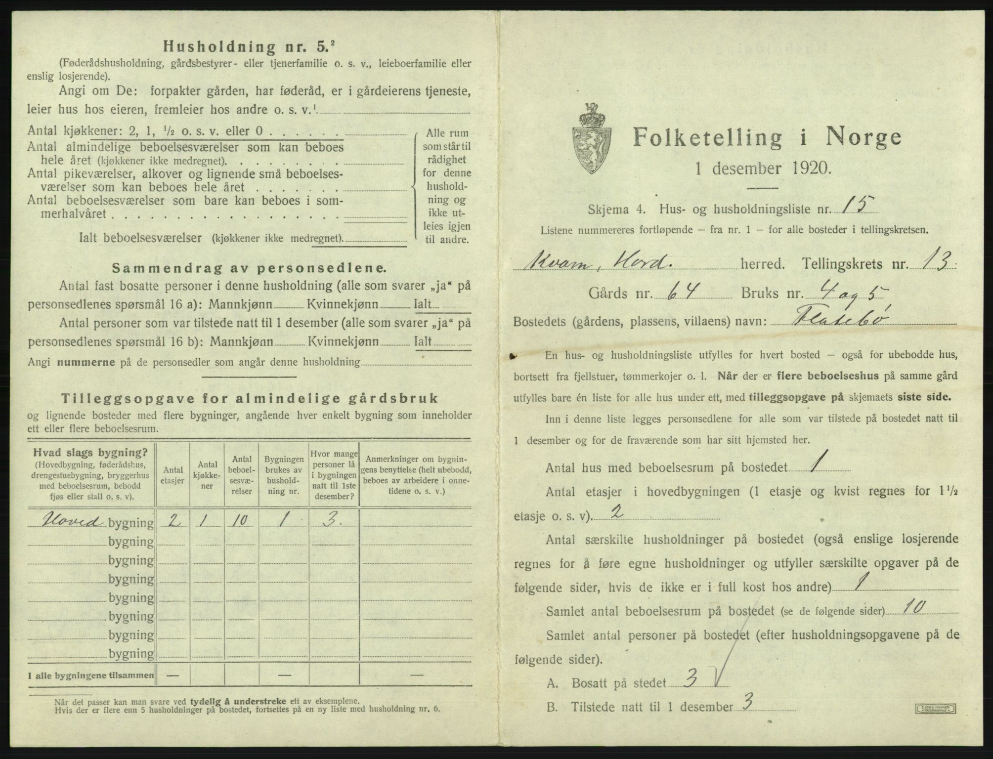 SAB, 1920 census for Kvam, 1920, p. 1148